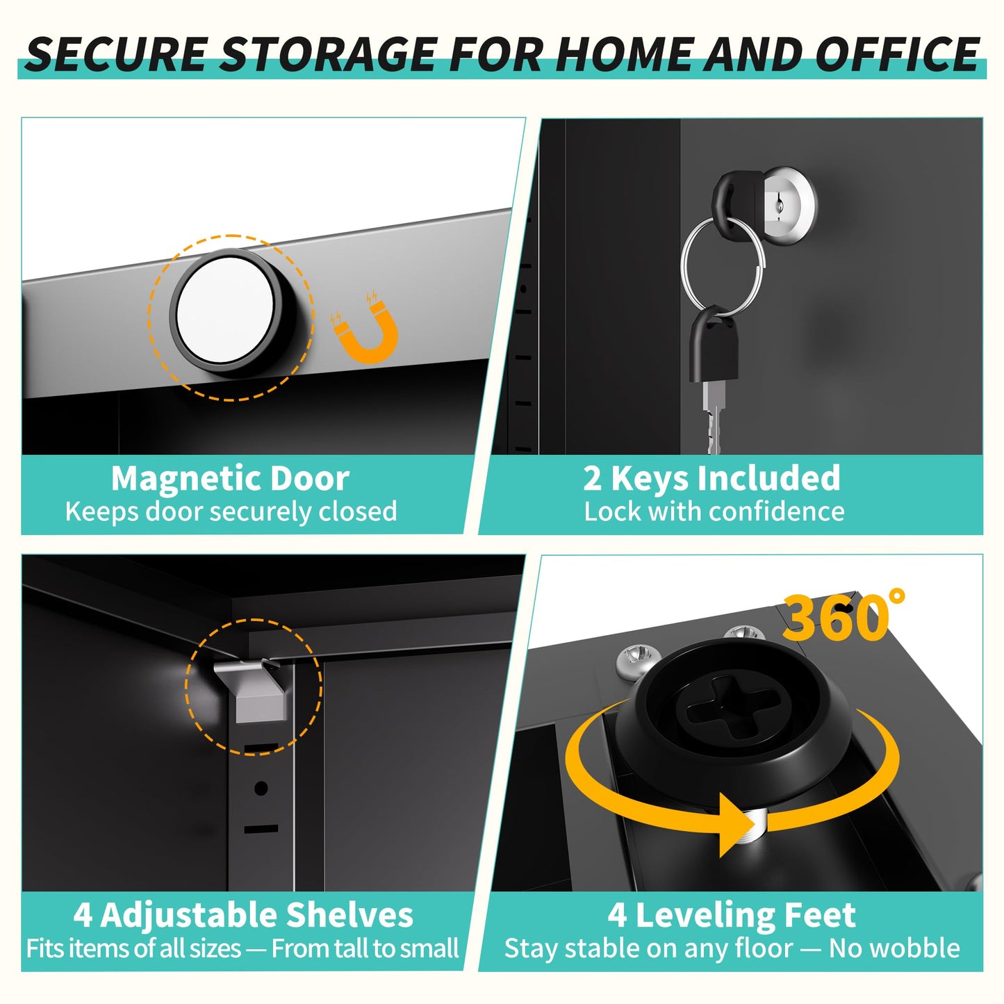 SAWJEC Metal Garage Storage Cabinet with Lock, 71" Tall Heavy Duty Cabinet for Garage Workshop Home Office, Steel Locking Storage with 4 Adjustable Shelves, Black, 15.7" D x 31.5" W x 70.9" H