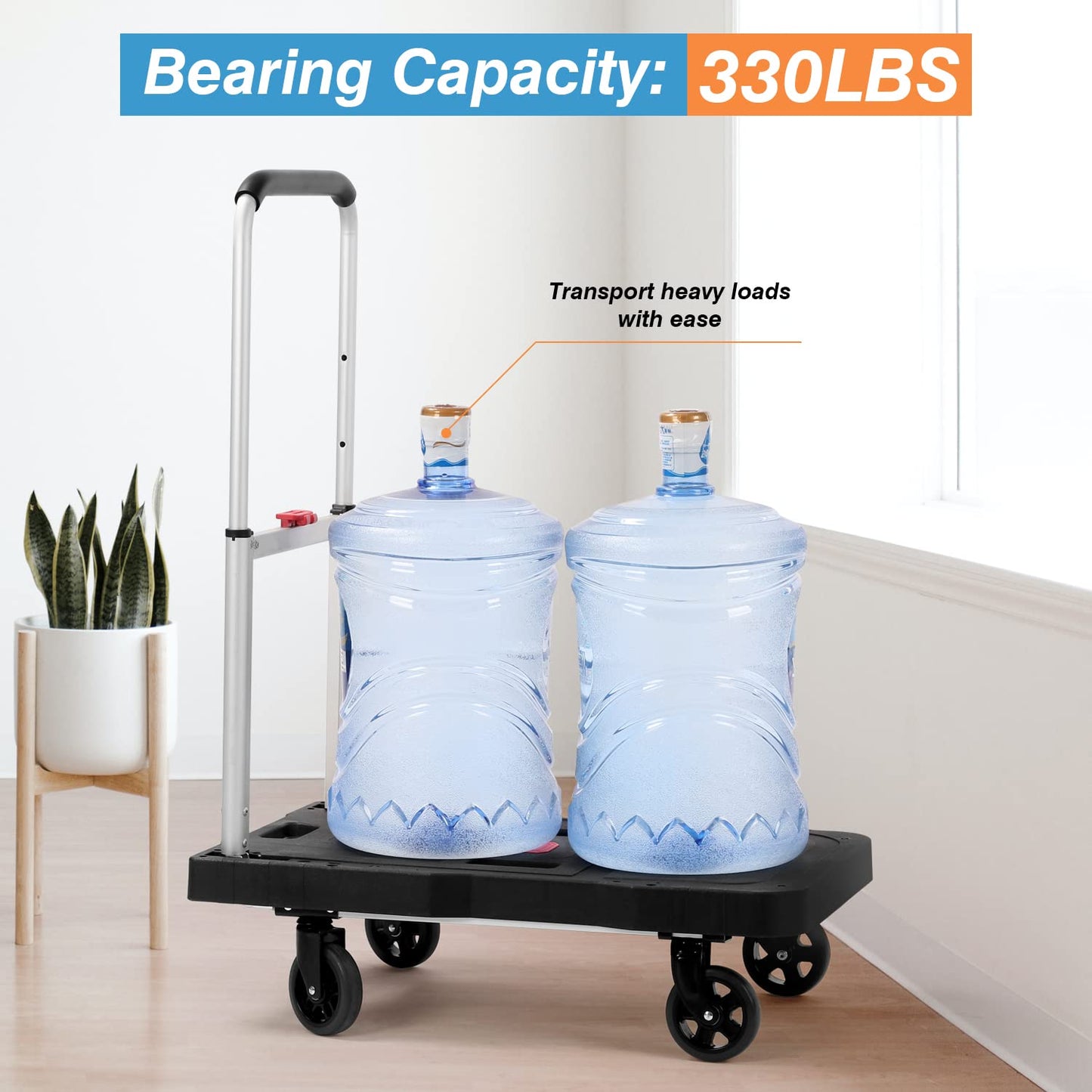 Platform Truck Foldable Push Cart Dolly 330lb Weight Capacity, Adjustable Hand Truck Handle with 360 Degree Swivel Wheels for Garage Garden Home & Office Use, Black