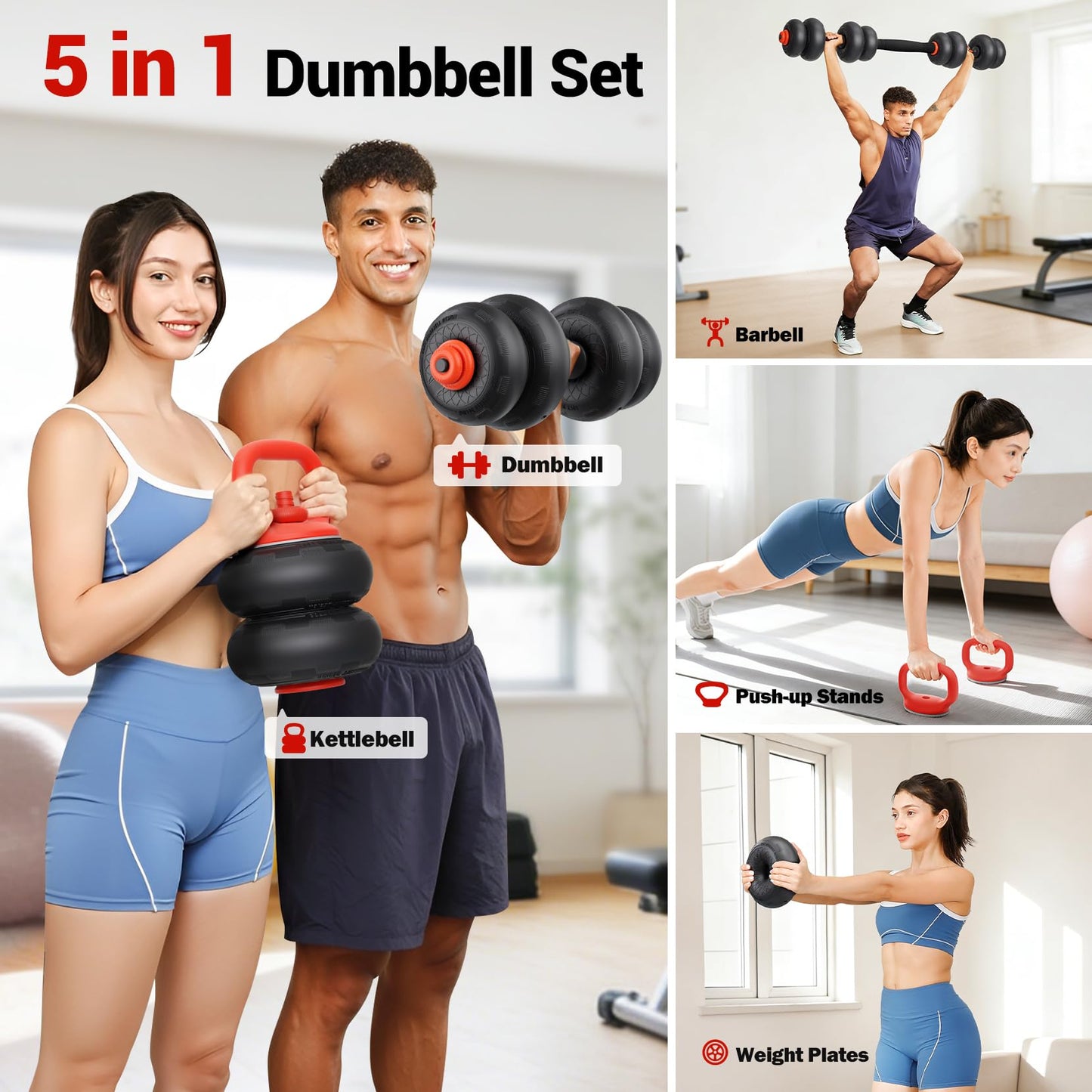 Yoleo Adjustable Dumbbell Set, 45LBS Dumbbell Set with Silent Anti-Collision Air Cushion with Connector, 5-in-1 Dumbbells Set Includes Barbell, Kettlebells, Push up Stand, Weight Plate, Exercise & Fitness Dumbbells Weight Set for Home Gym Suitable Men/Wom