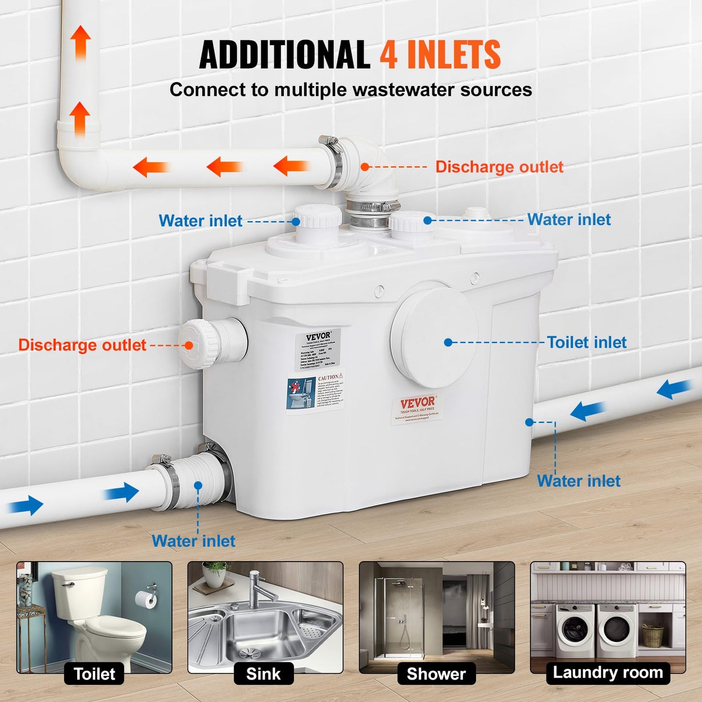 VEVOR Macerating Toilet System with Powerful 800W Macerator Pump, Rear Discharge and Upflush Toilet For Basement, Dual Flush Water Disposal, Macerating Toilet System Kit with 4-Inlet, Space Saving