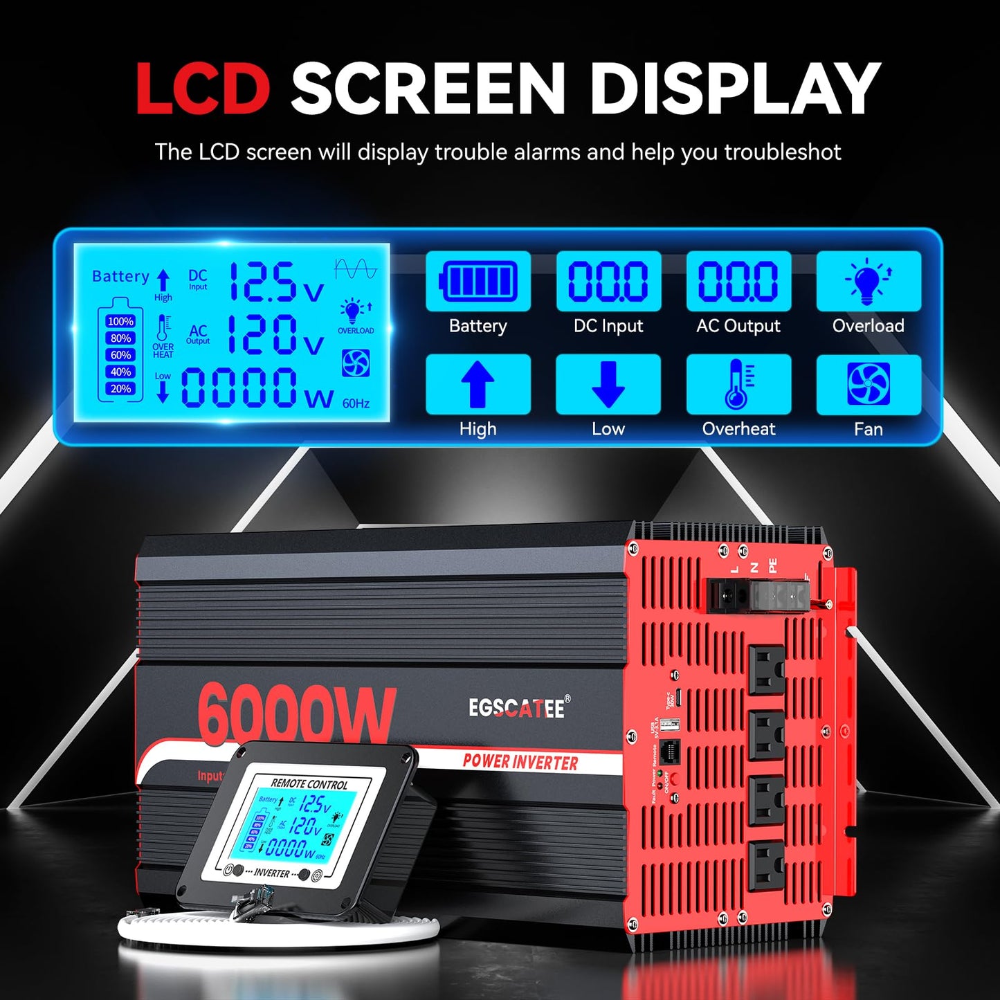 6000W Power Inverter 12V DC to 120V AC, 11000W Peak Off-Grid Solar Converter for 12V Battery Bank, RV, Truck & Home Backup Power System, 4 AC Outlets, USB & Type-C Port, LCD Remote Controller