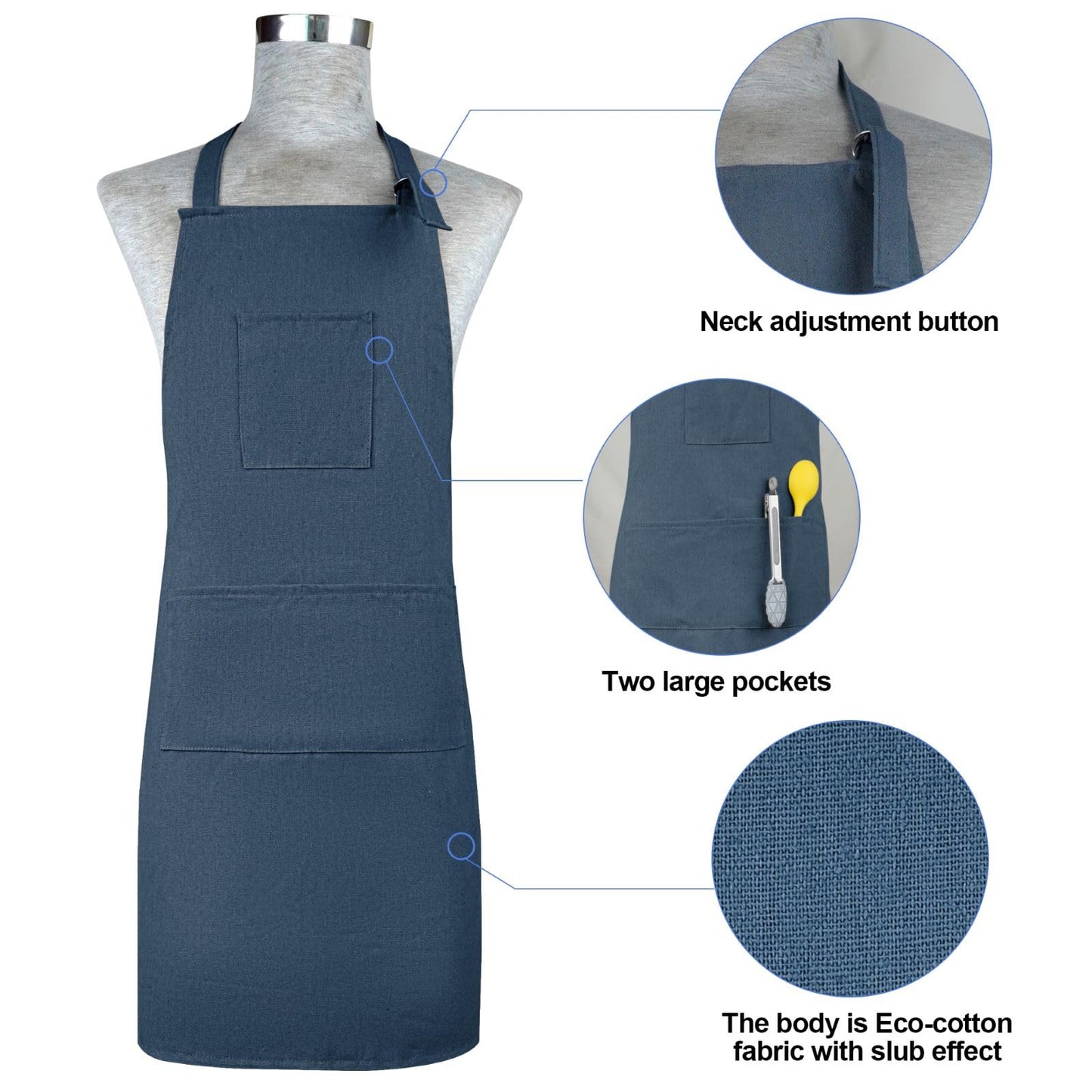 Oven Mitts and Pot Holders with Cooking Apron Set of 5, Heat Resistant Kitchen Gloves and Silicone Non-Slip Potholders, Adjustable Neck Buckle Chef Apron, Cotton Nice Design for Cooking （Navy…