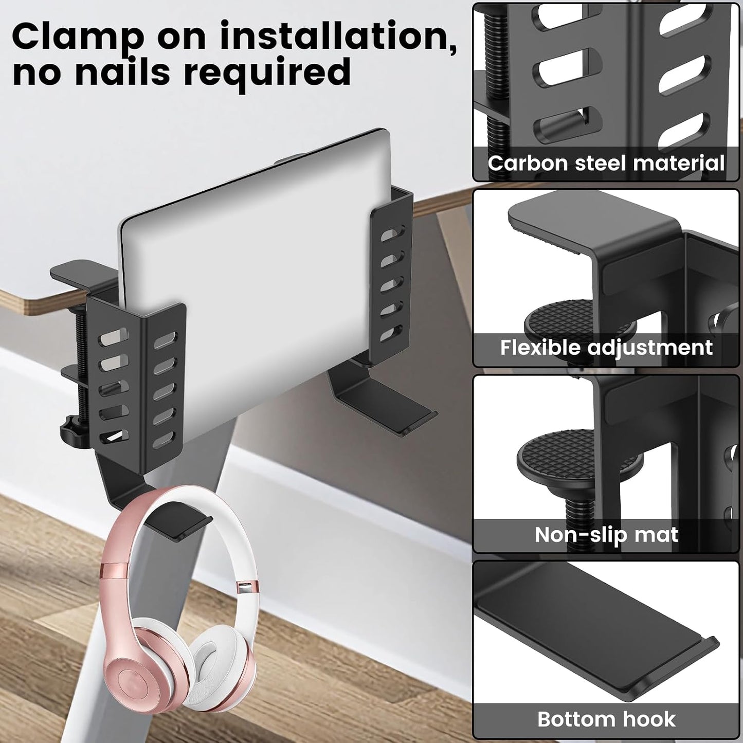 kaimenhong Desk Side Laptop Holder, Desk Side Storage, No Drill Side Desk Organizer, Tablets Hanging Holder, Table Side