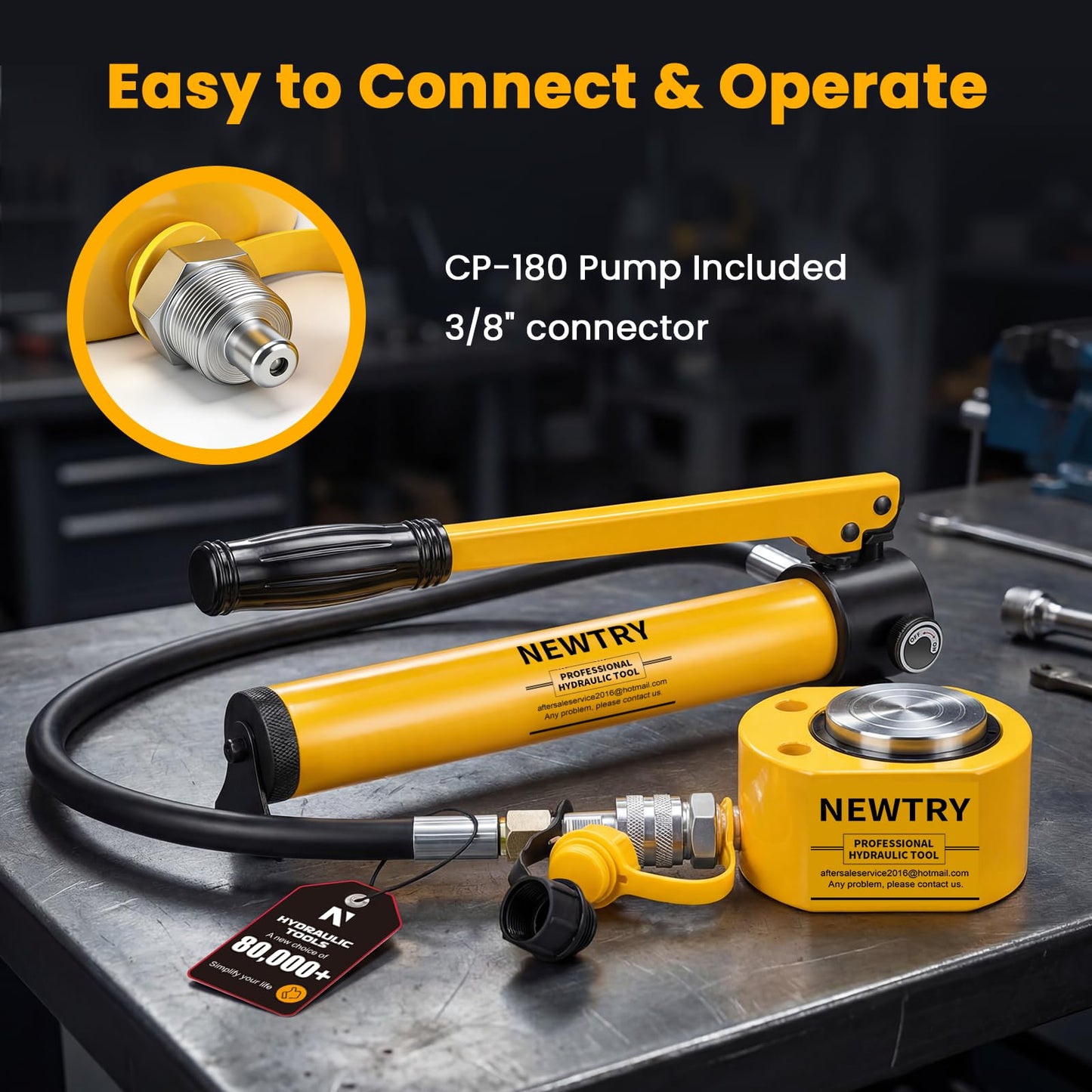 NEWTRY 20T Low Profile Hydraulic Jack Porta Power Kit + CP-180 Manual Hydraulic Hand Pump, Industrial Mini Hydraulic Cylinder, Stroke 0.47”