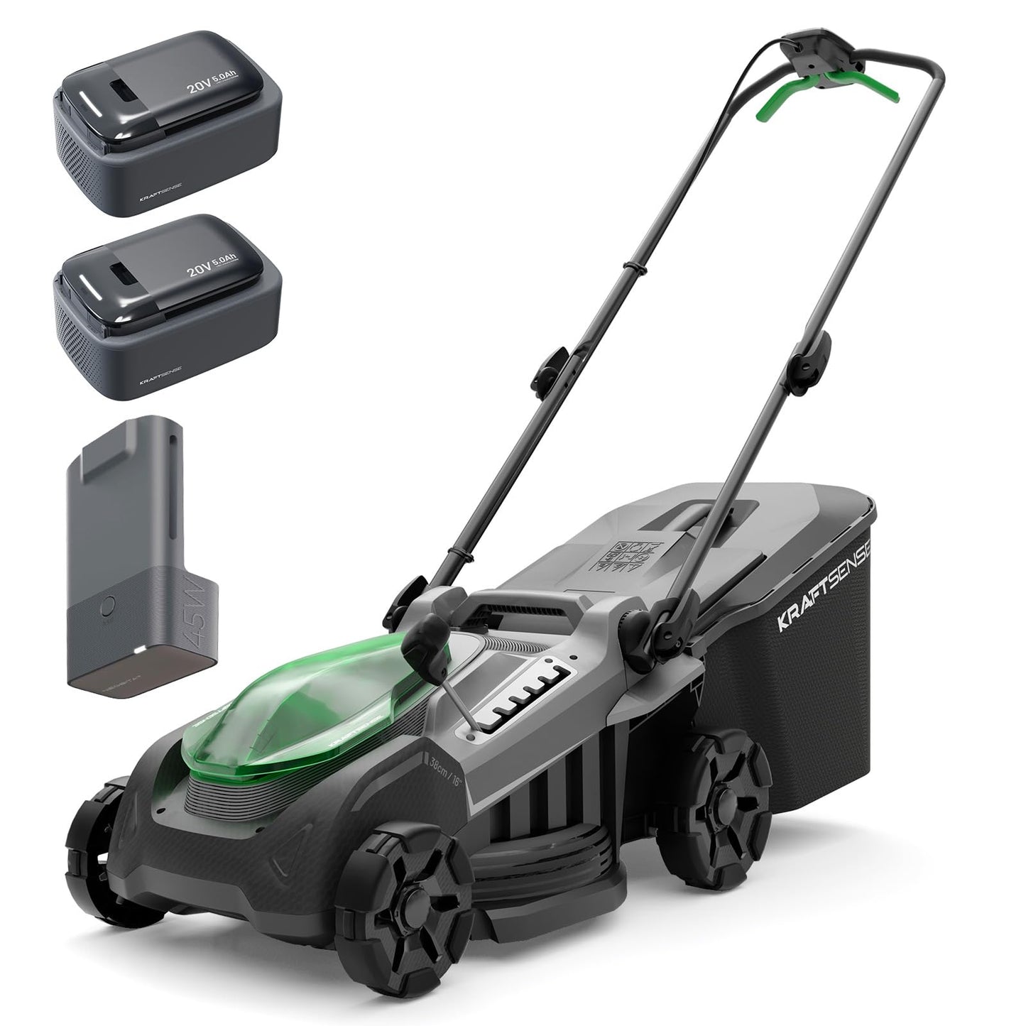 Kraftsense 16" Electric Lawn Mower, 40V Cordless Lawn Mower with 2x5.0Ah Batteries & Charger, Brushless Motor, 2-in-1 Mulching & Bagging, 6-Position Height Adjustment, for Small to Medium Yards