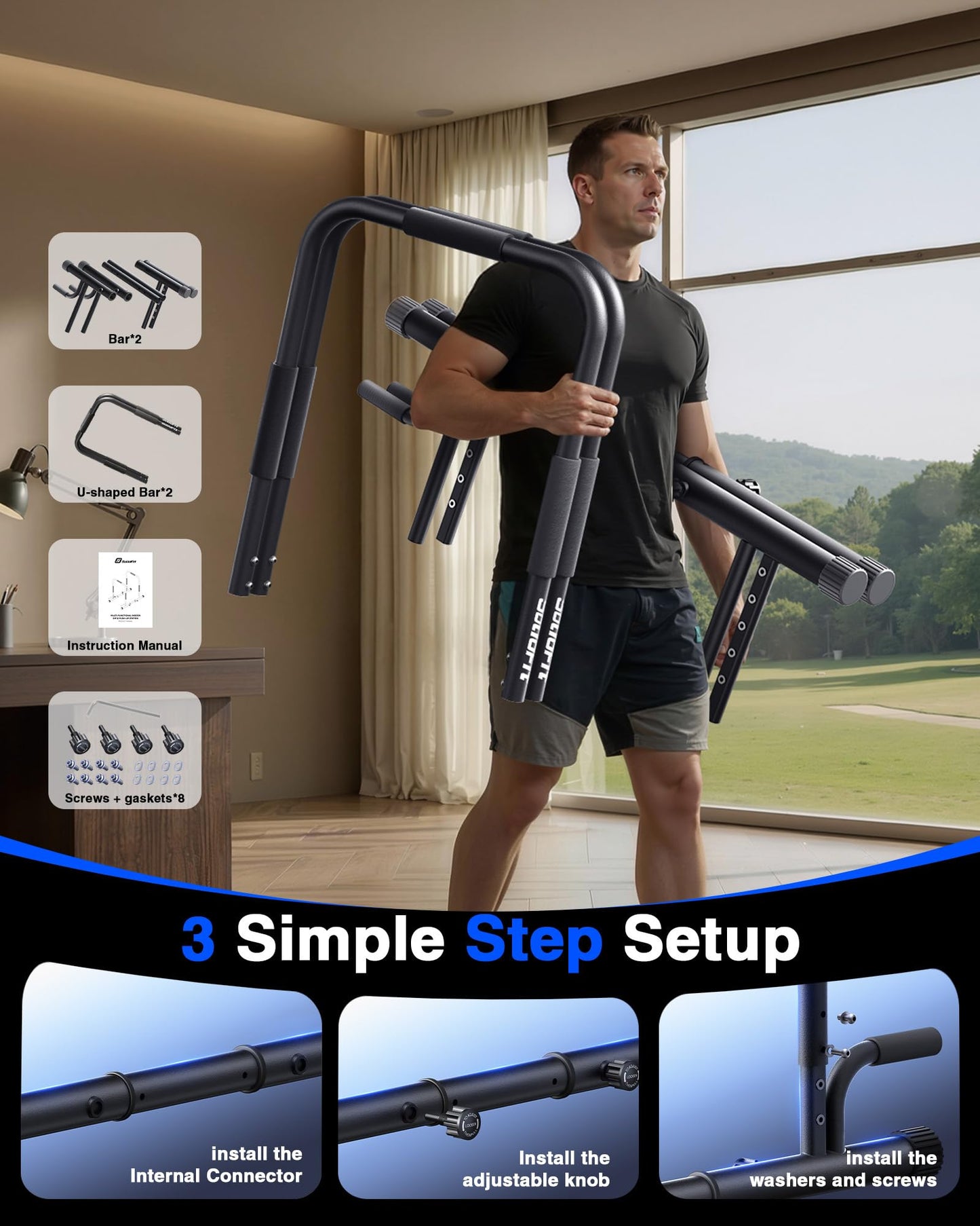 SolidFit 2-in-1 Dip Bar Station - Dip Bars & Push Up Bars Calisthenics Equipment with 420LB Bolt Washer Stable Design Dual Inner Connectors Portable Adjustable for Home Gym Strength Training Black
