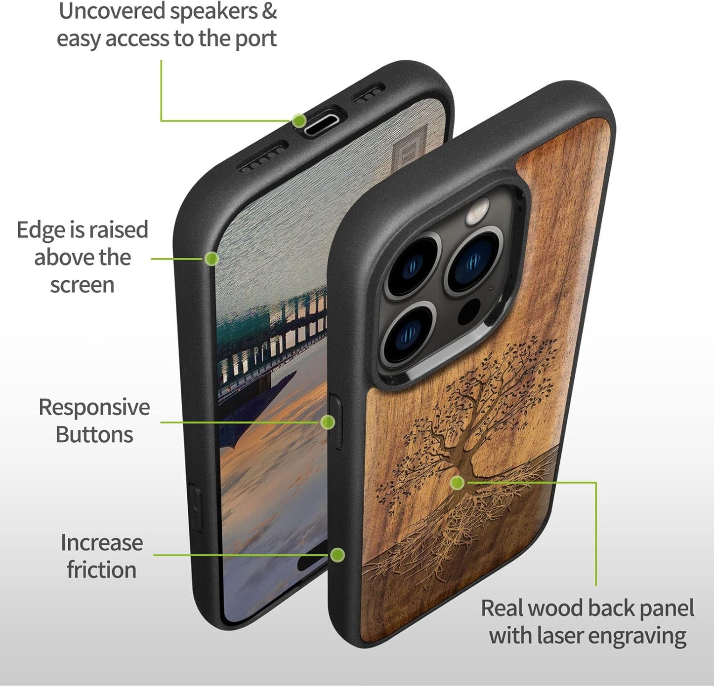 Carveit 14 Magnetic Wood Case for iPhone Pro Max [Natural Wood & Black Soft TPU] Unique & Classy Wooden Shockproof