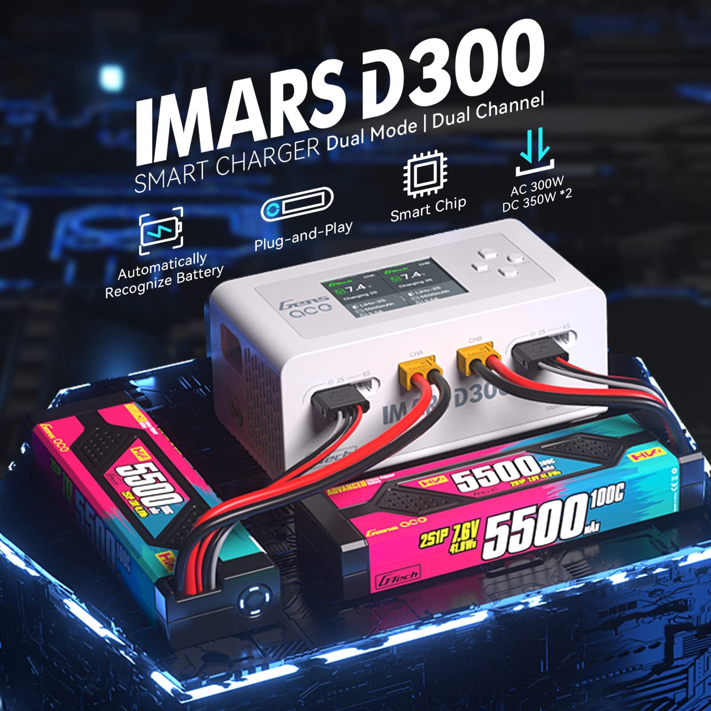 Gens Ace Lipo Battery Charger IMARS D300 G-Tech Series Smart Dual Lipo Charger 16A AC 300W DC 700W Lipo Charge（White）