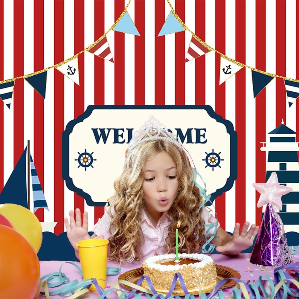 Fanghui 8*6ft Nautical Theme Party Photography Backdrop Red White Striped Marine Voyage Boat Background Decoration Kids