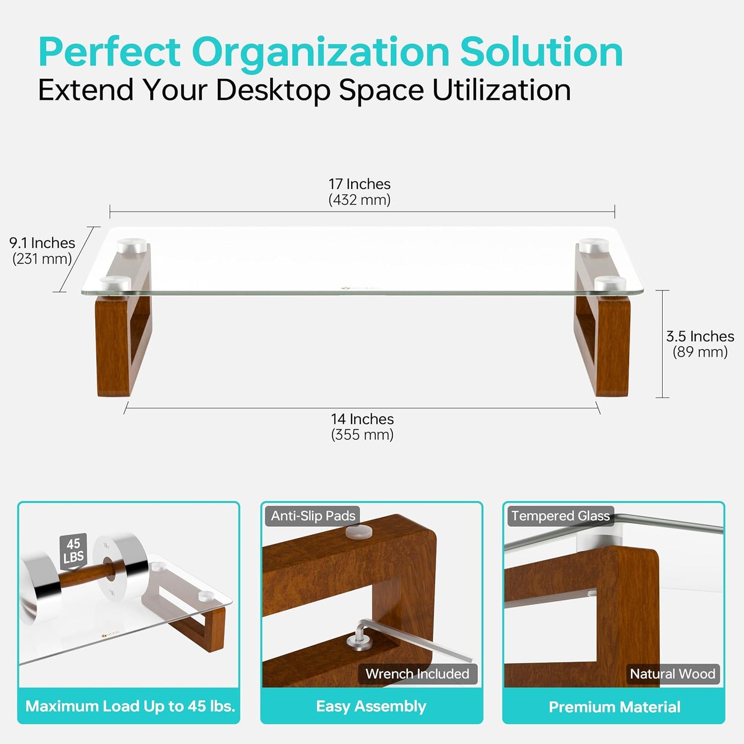 YEOUX Multi-Purpose Desktop Stand, Clear Floating Computer Monitor Riser with Natural Wood Base, Desk Organization