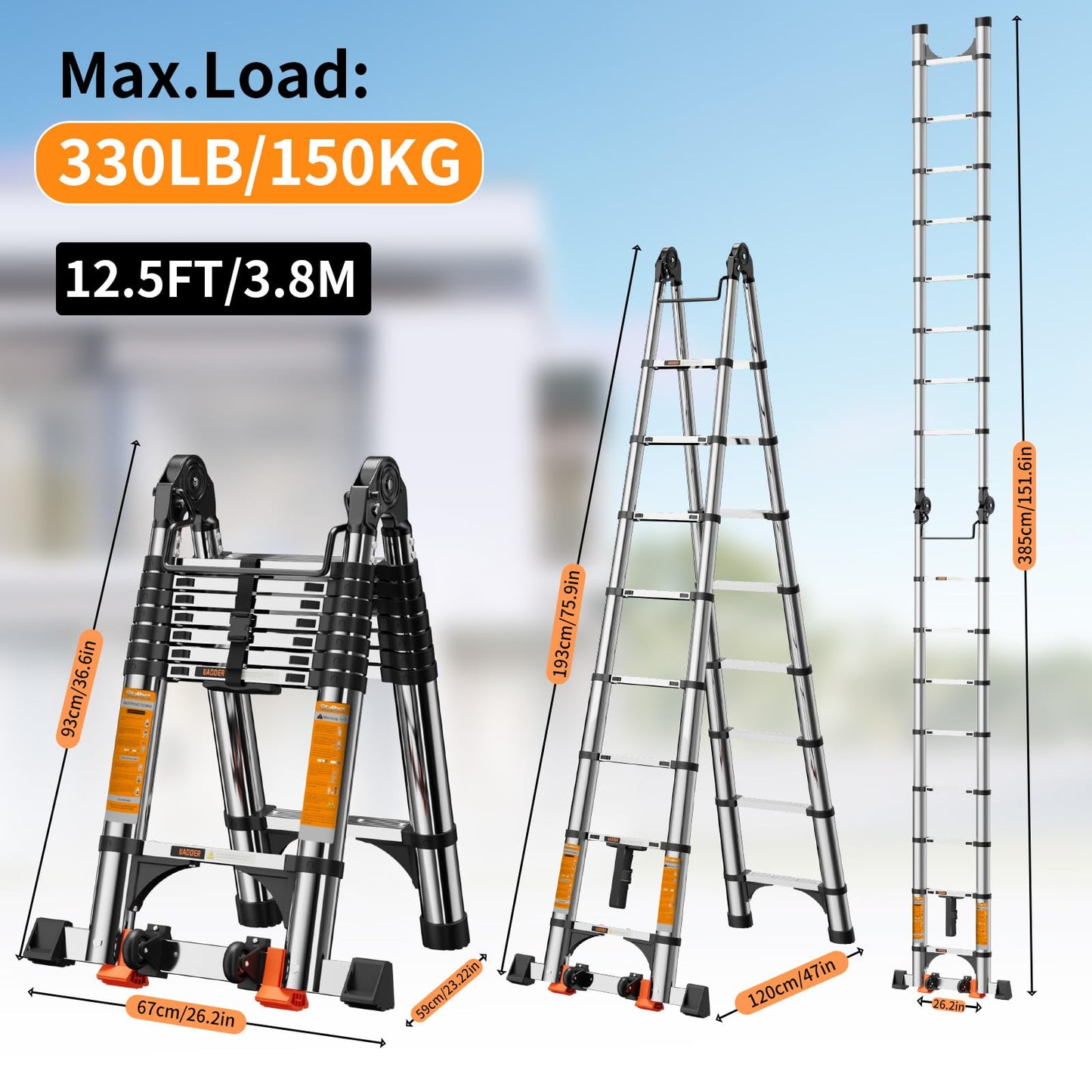Telescoping Ladder A Frame,Telescopic Ladder for Home, Roof, RV，12.5 Ft Stainless Steel Extension Ladder with Balance Bar,Wheels and 2 Triangle Stabilizers，330 lb Capacity (12.5FT-A Frame)
