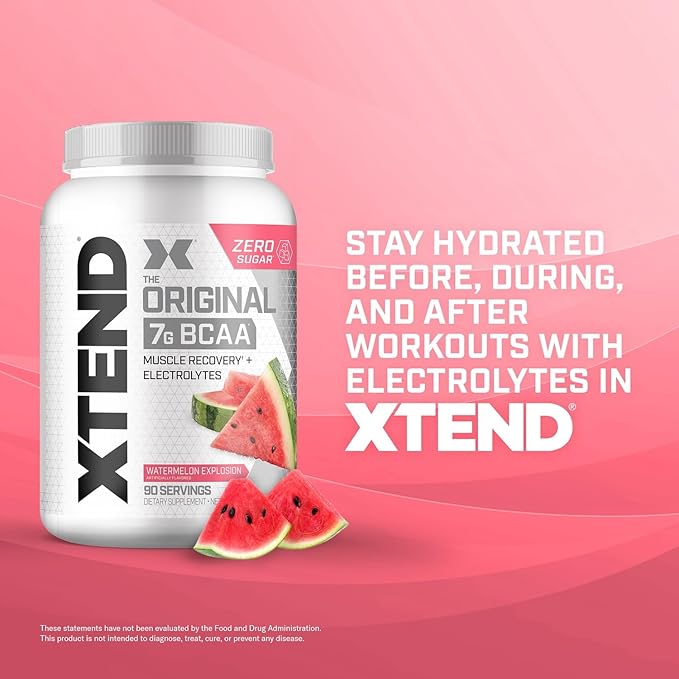 Xtend Original BCAA Powder, 7g BCAAs and 2.5g L-Glutamine for Muscle Recovery Hydration and Lean Muscle, Sugar Free Intra and Post Workout Drink with Electrolytes, Watermelon Explosion, 30 Servings