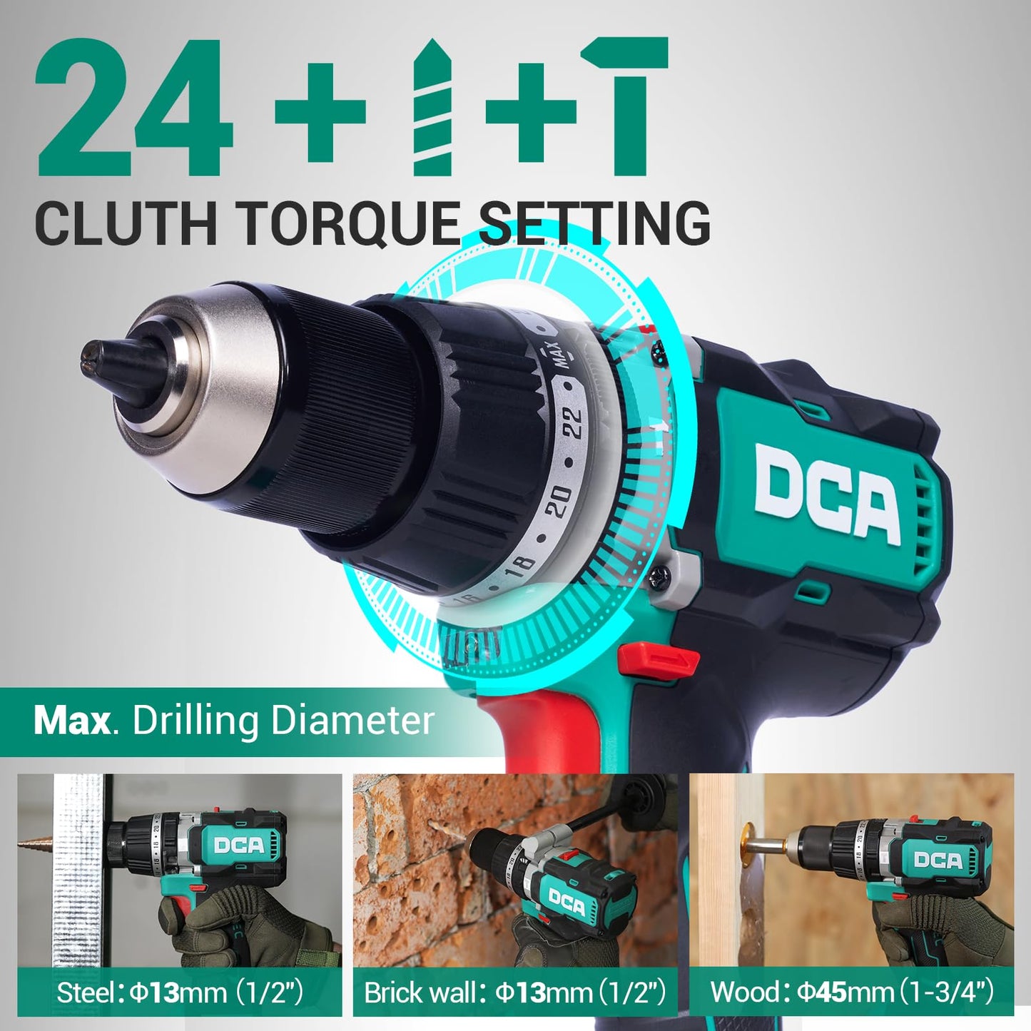 DCA 20V Brushless Hammer Drill, 1062 in.lbs Torque Impact Drill, 1/2" Keyless All-Metal Chuck, 24+1+1 Clutch, 32000 IPM, Heavy-duty Cordless Drill Kit with 4.0Ah Battery for Brick Wall, Metal, Wood