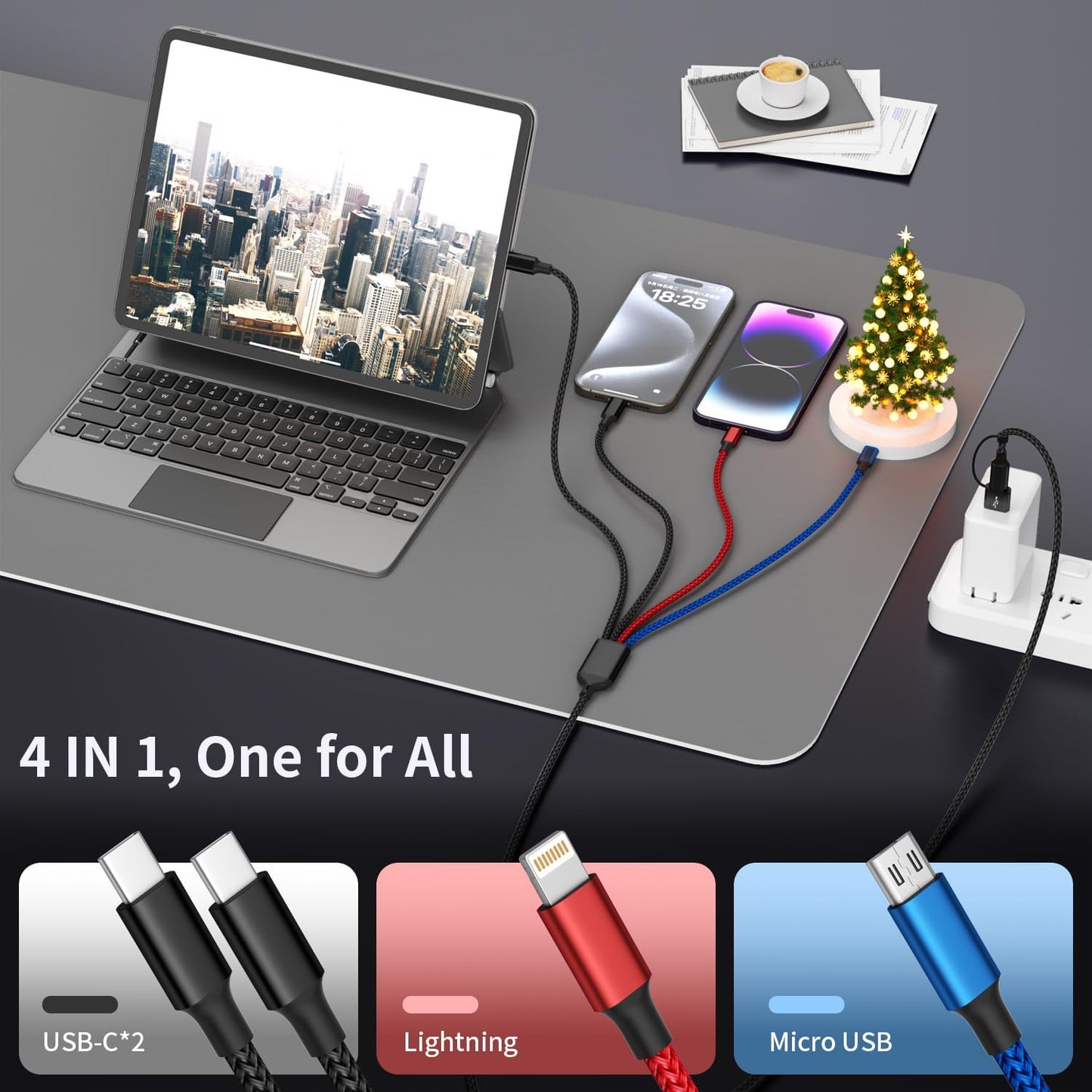 4 2 iPhone17-12/Androids/Pad Charger(2Pcs, 5FT) Dual Type-C Ports in Multi Charging Cable, Travel Cruise Essentials