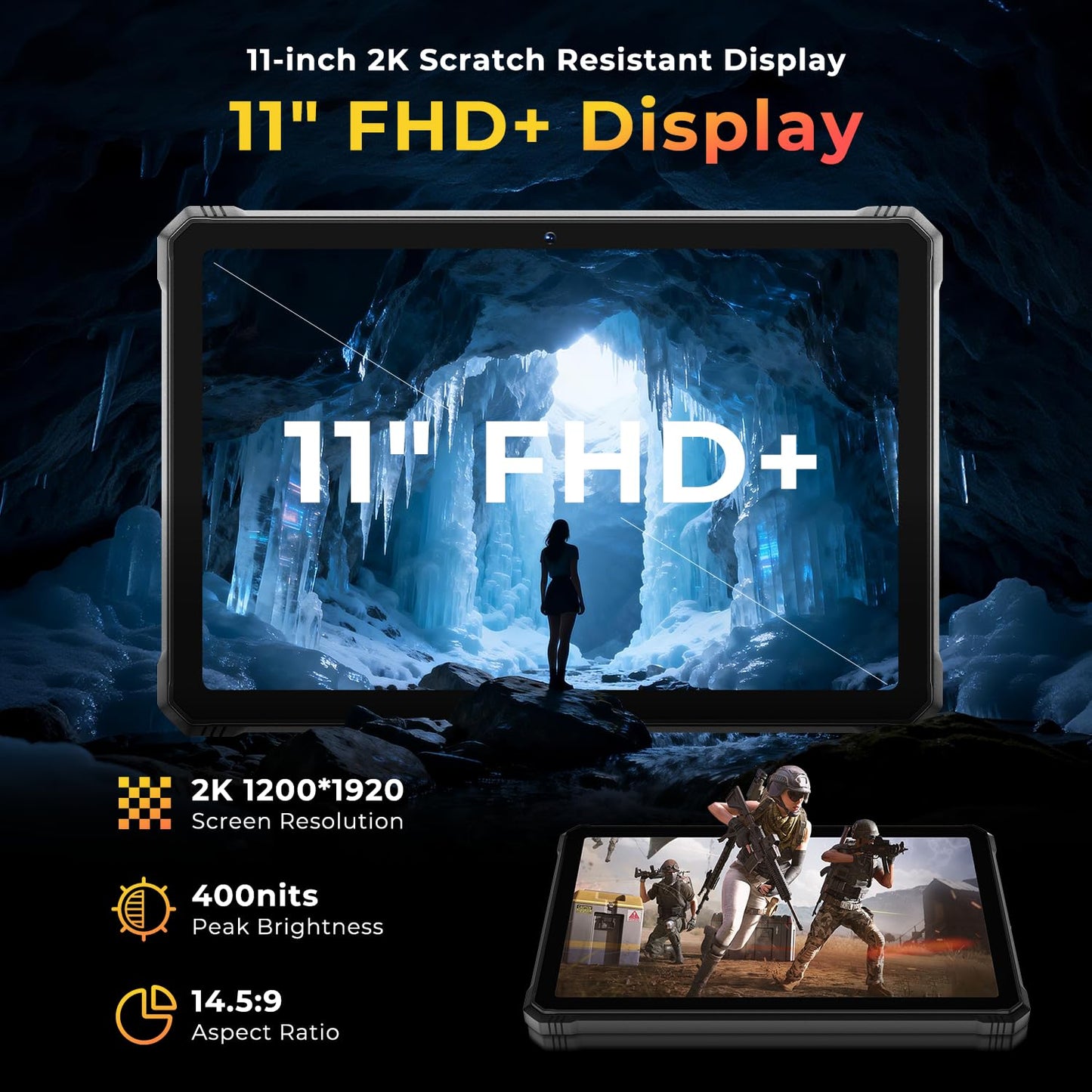 HOTWAV R9 Plus Rugged Tablet 11 inch Android 14 Tablets, 20080mAh Waterproof Tablet, 2K 24GB+512GB/2TB TF Work Tablets, 64MP+16MP Octa-Core IP68&IP69K/4G Dual SIM/5G WiFi/Face ID/GPS/OTG