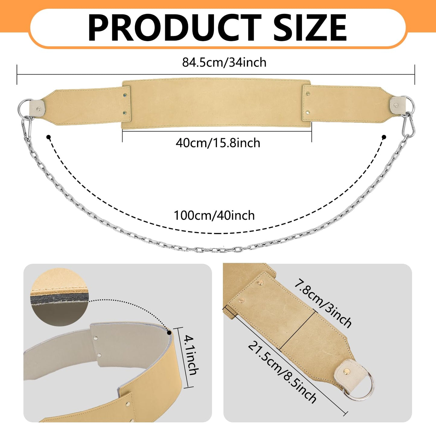 JolliLudo 34 Inch Oxhide Leather Weighted Dip Belt with Steel Chain Heavy Duty Leather Dip Belt for Pullups Gym Weight for Strength Training Workout Weight Lifting, Pullup