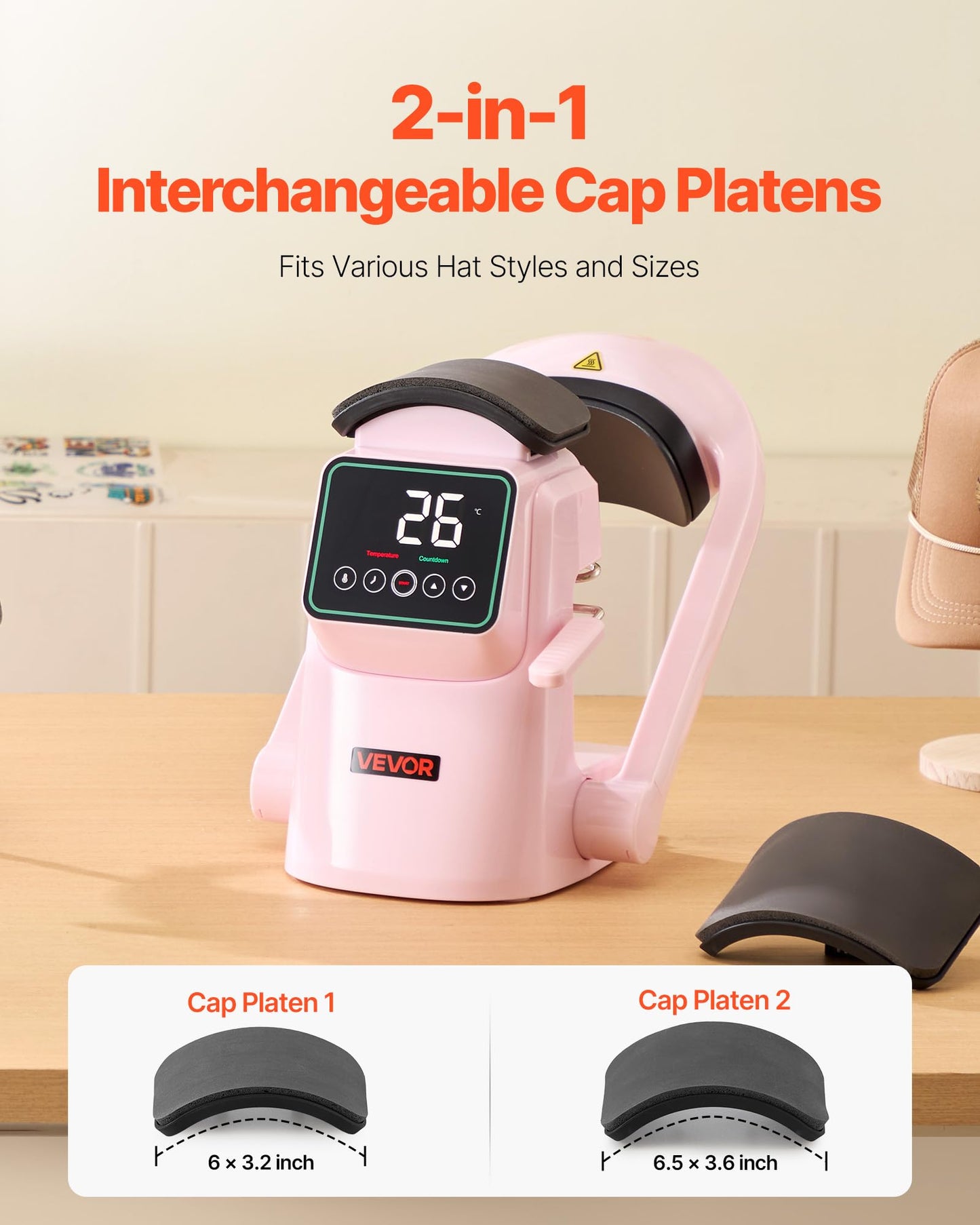 VEVOR Auto Hat Heat Press Machine, with 2pcs Interchangeable Platens, Automatic Open and Release, Touchscreen for Precise Time and Temperature Control, Heat Transfer Printing for Caps, Hats, Pink