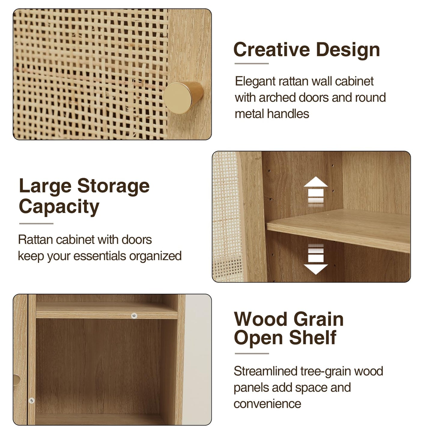 Rattan Bathroom Wall Cabinet with Door, Boho Medicine Wall Cabinets with Adjustable Shelves, Tall Kitchen Wall Mounted Storage Cabinet, Floating Hanging Cabinet Space Saver for Laundry Room, Natural