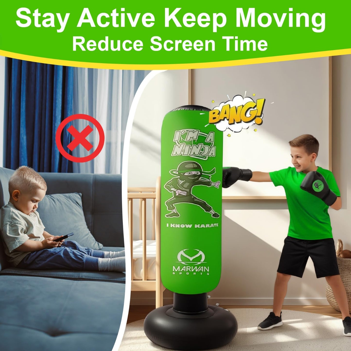 Marwan Sports Ninja Inflatable Punching Bag for Kids 4-12, Indoor Active Play for Sensory Seekers & High-Energy Kids, 63" 5-in-1: Gloves, Manual Pump, Funnel & Drag-Handle Base Cover, Apartment-Quiet