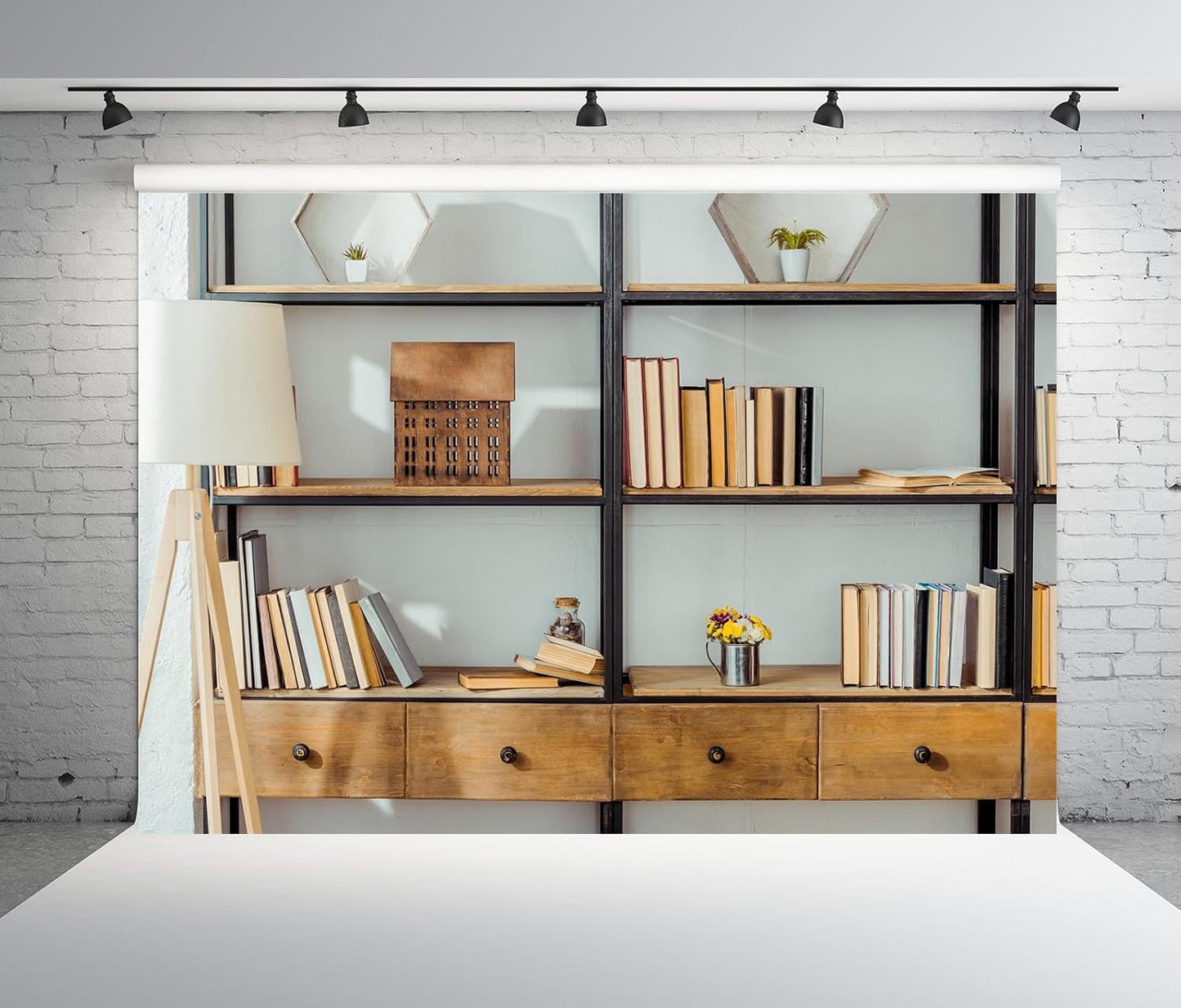BELECO 8x6ft Fabric Living Room Bookshelf Backdrop Empty Room with Bookcase, Zoom Calls Video Recording Background Home