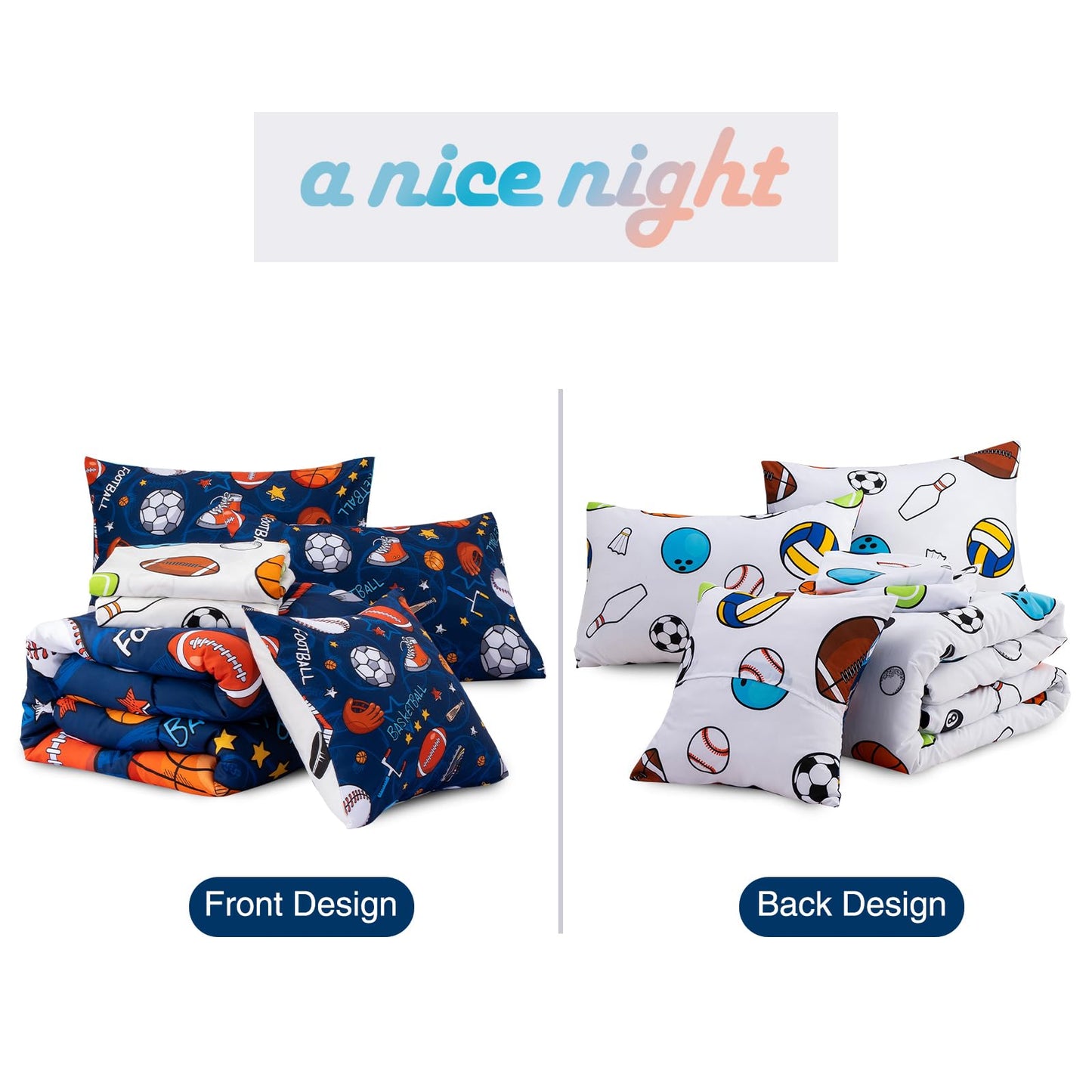 A Nice Night 6Pcs Bed in A Bag Full Sports Microfiber Modern Comforter Set,Navy Rugby Ball Printed Bedding Collections,for Boys Kids Teen