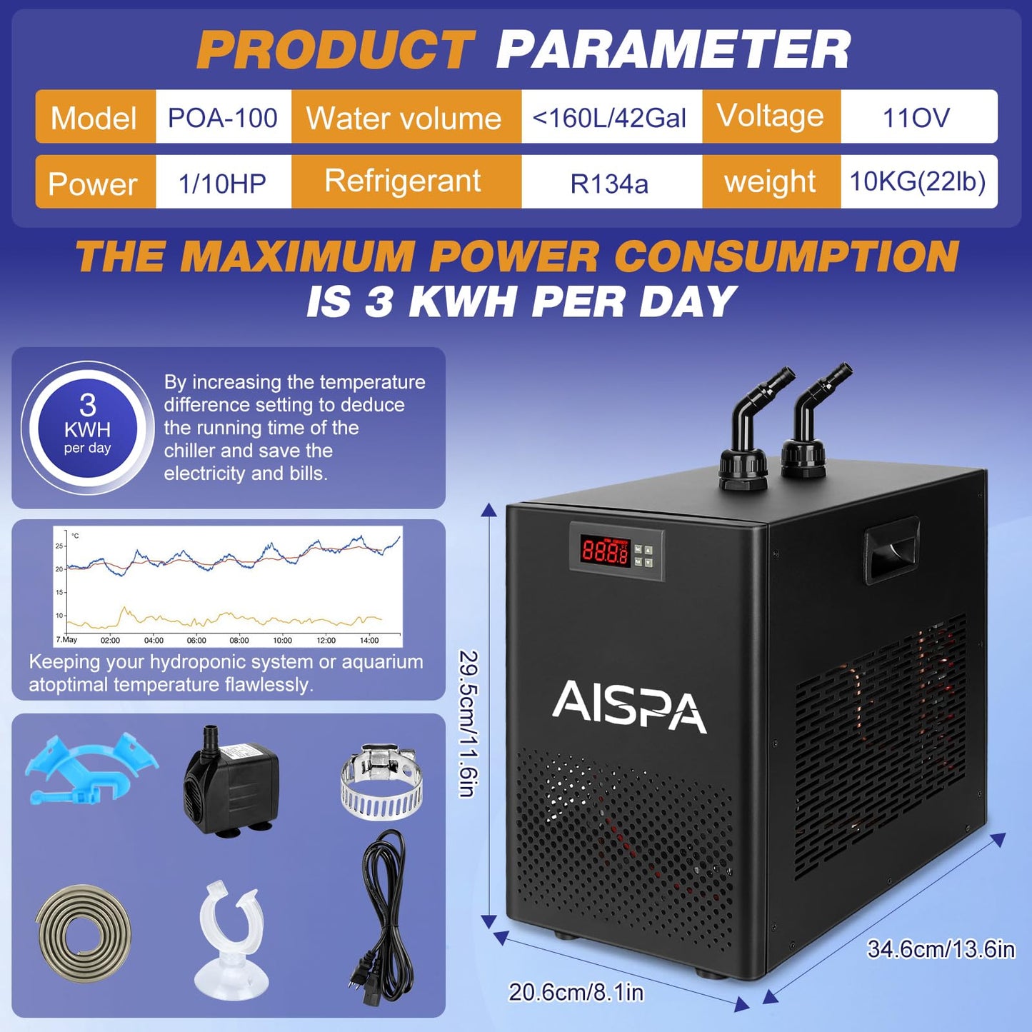 AISPA Aquarium Chiller 1/10 HP, 42GAL Fish Tank Water Chiller