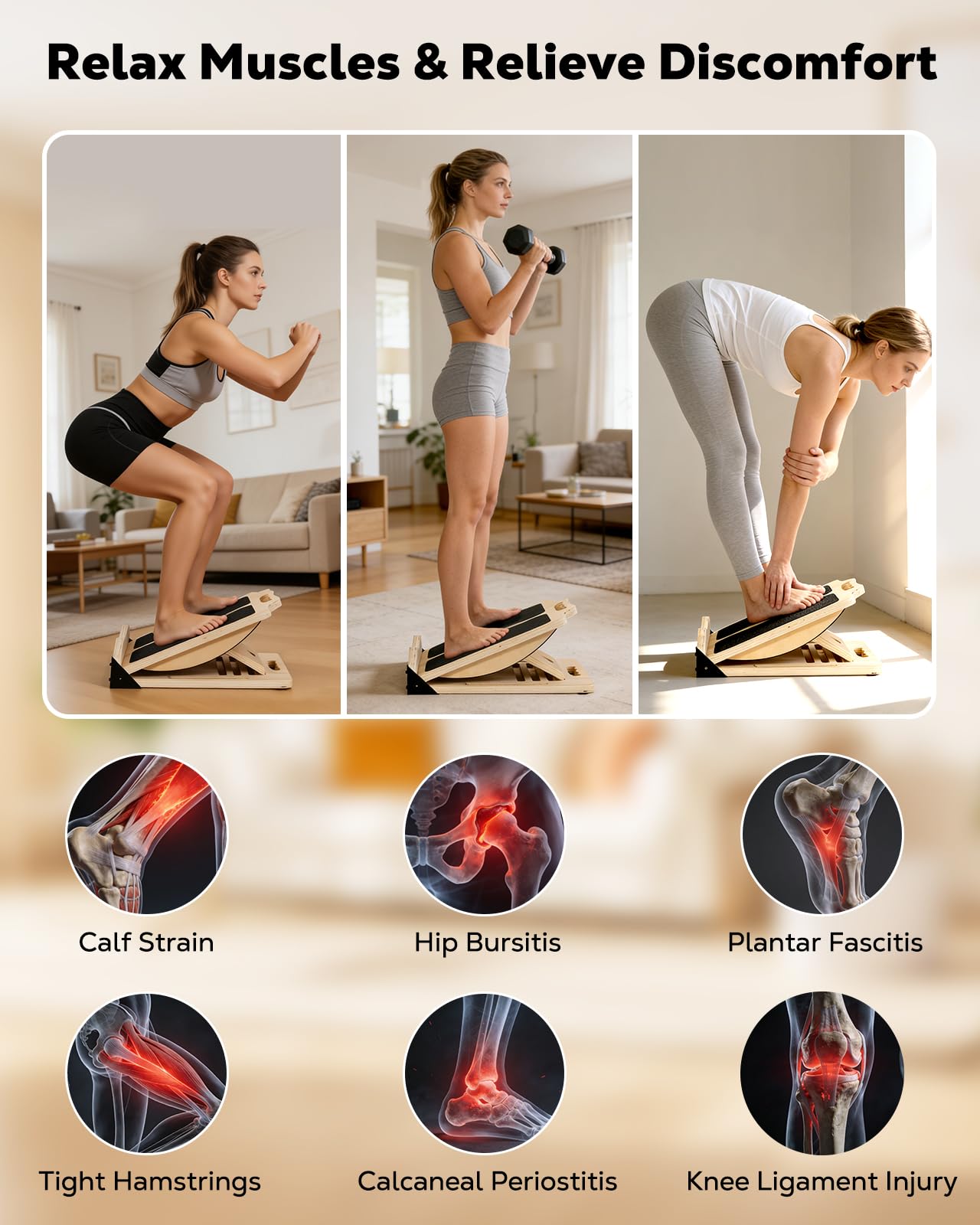 MoKo 2-in-1 Wooden Slant Board & Balance Board, 4 Adjustable Inclines Calf Stretcher for Knees, Ankles, Heels, Feet and Legs, Non-slip Stretch Boards Support up to 220lbs