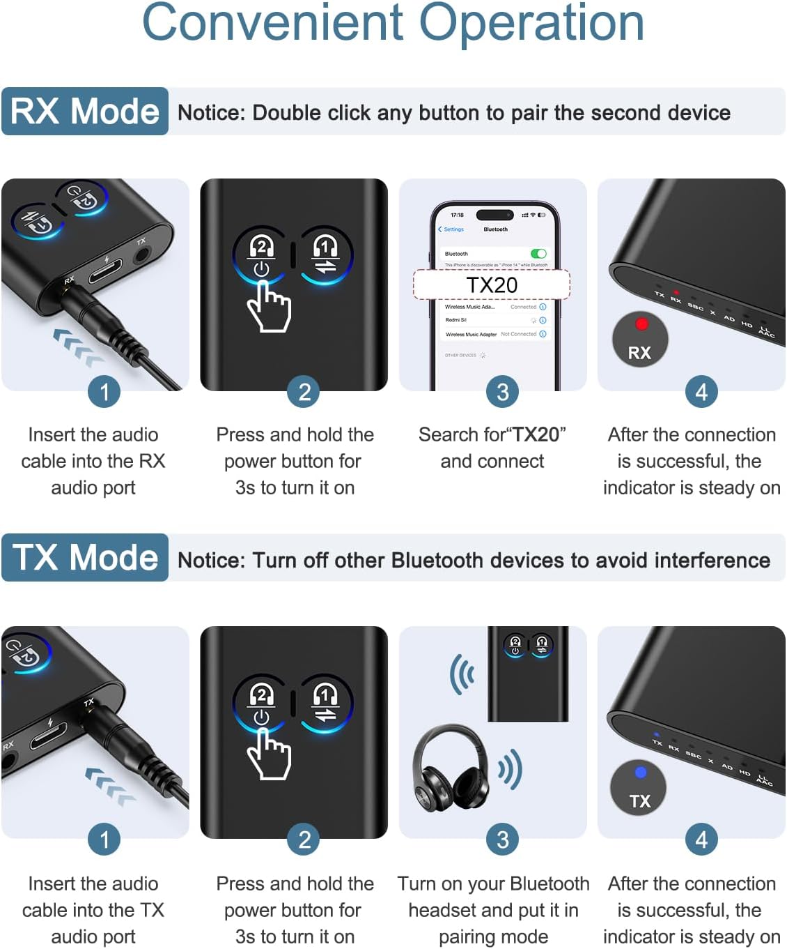Ankilo 5.2 2-in-1 Bluetooth Transmitter Receiver, Upgraded Airplane Wireless Adapter, Dual Link AptX