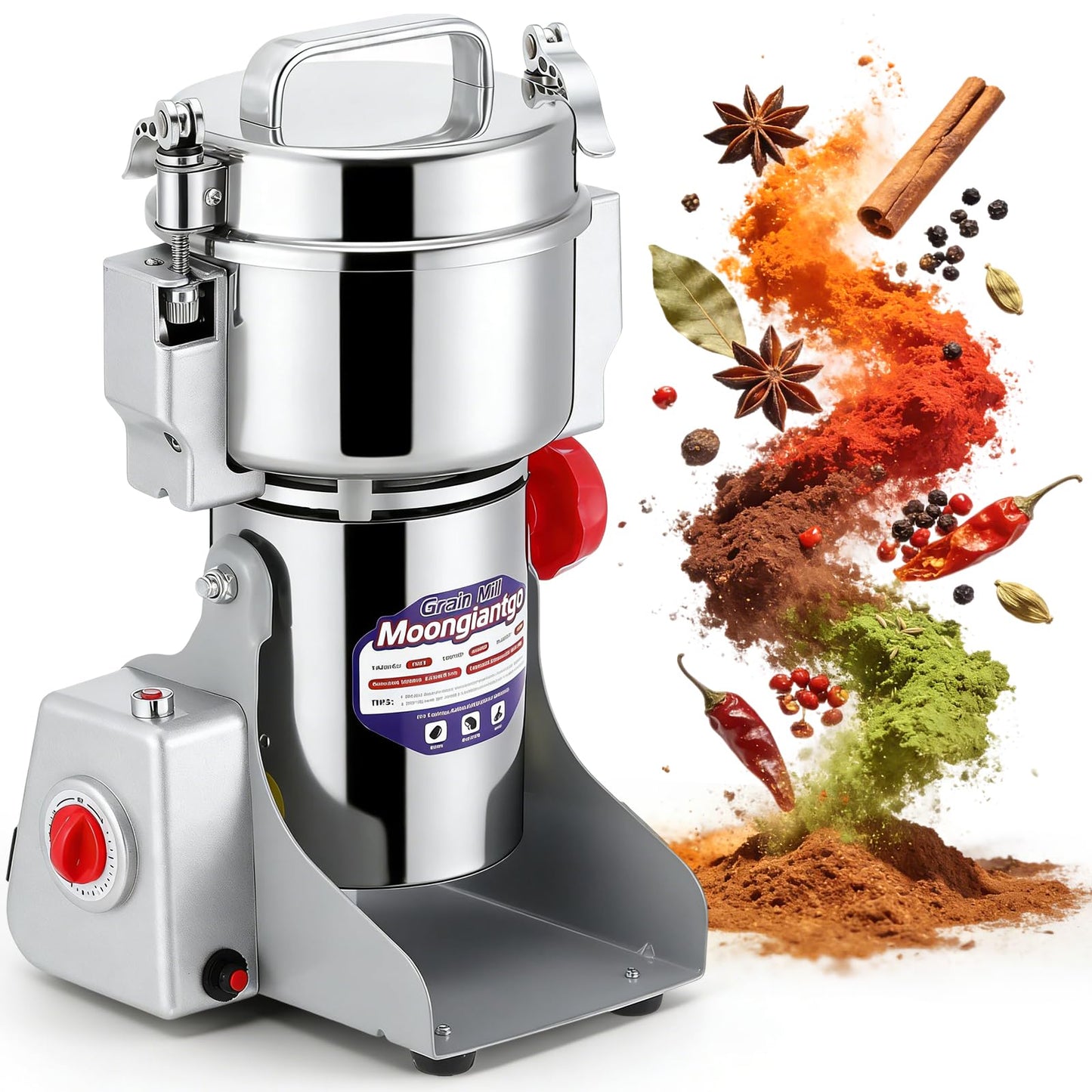 Moongiantgo 700g Grain Mill Grinder Commercial Spice Grinder 2500W Stainless Steel Electric Pulverizer Dry Grinding Machine for Wheat Corn Rice Pepper Herbs Coffee Beans (700g Swing, 110V)