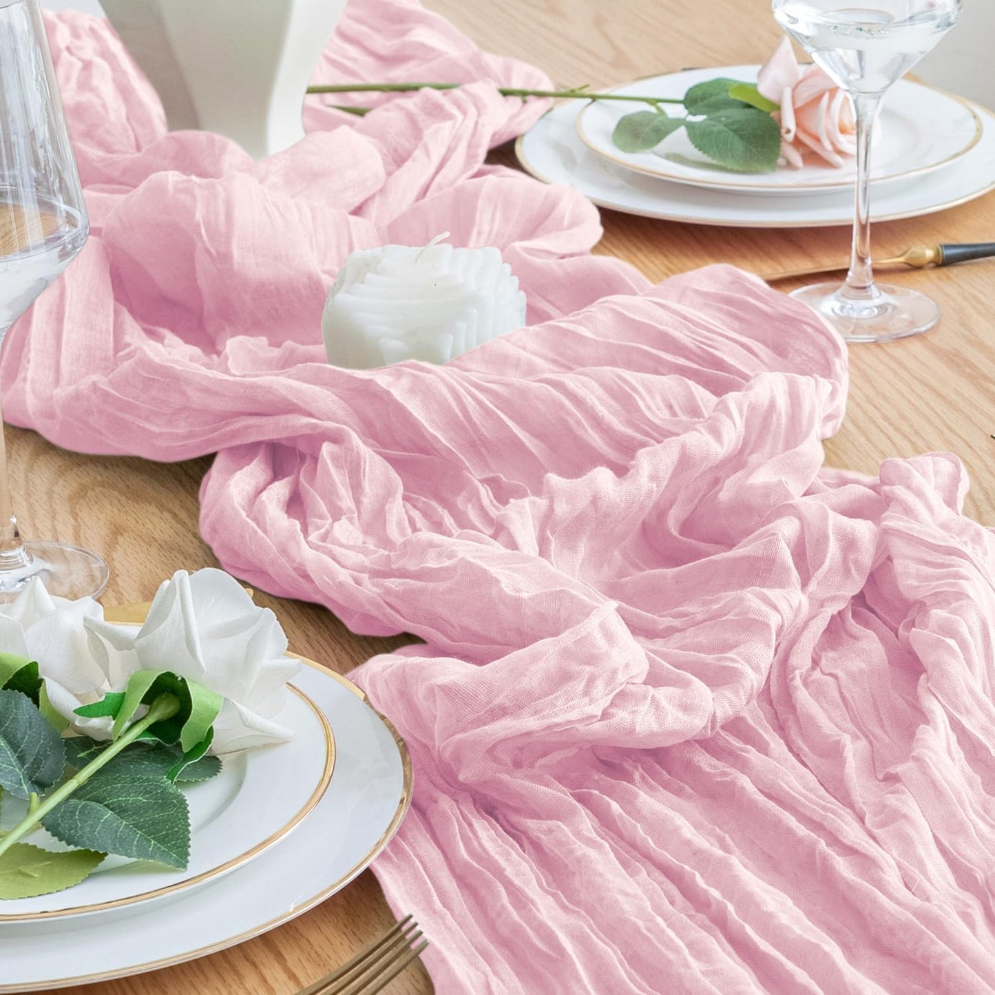Skiennix 3PCS Table Runner Set - Blushing Pink Boho Gauze Cheesecloth for Summer Weddings & Parties