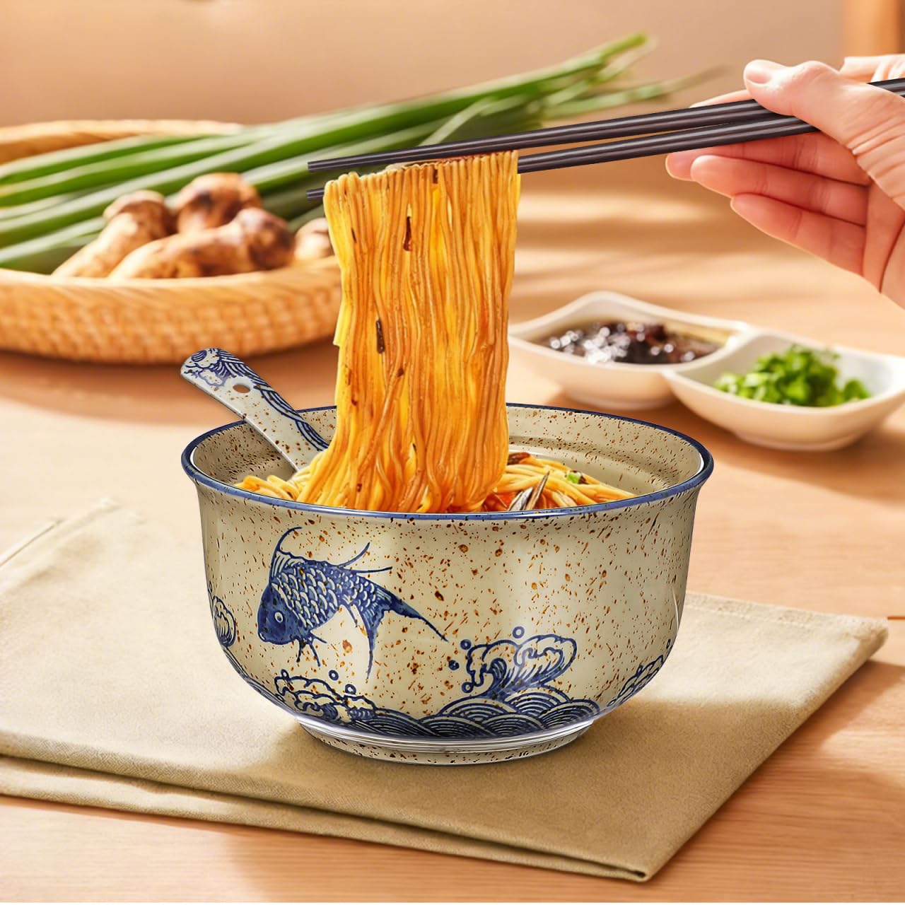 CALLARON 26 oz Ceramic Ramen Bowl, Japanese Noodle Bowls Set of 2, Large Soup Bowl with Lid, Spoons and Chopsticks, Vintage Ramen Dish for Pho, Udon, Noodles, 6 inch, Microwave Dishwasher Safe