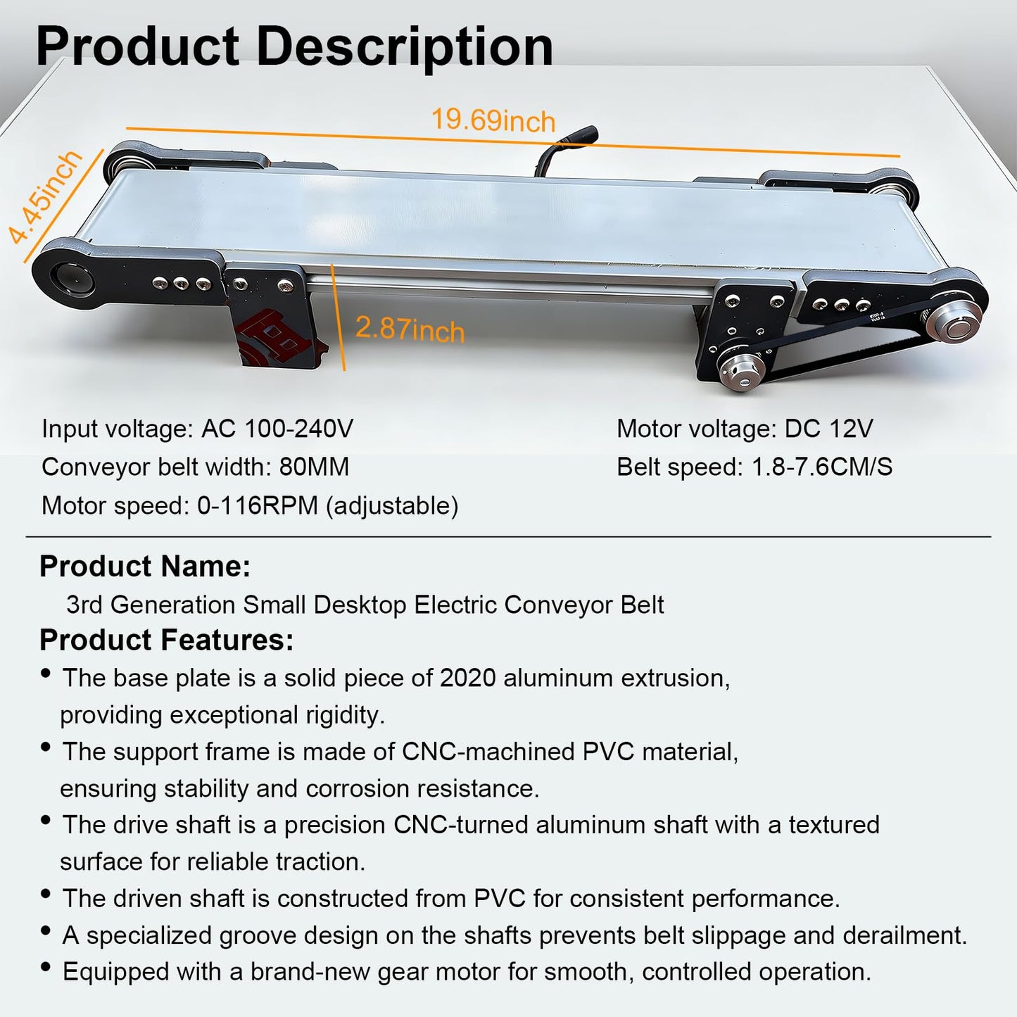 DC 12V Variable Speed Electric Conveyor Belt System with Controller, 116RPM Motor, 19.7” x 3.9” Aluminum & PVC Frame for Industrial, DIY Projects (19.7 x 3.9 x 2.8 in)