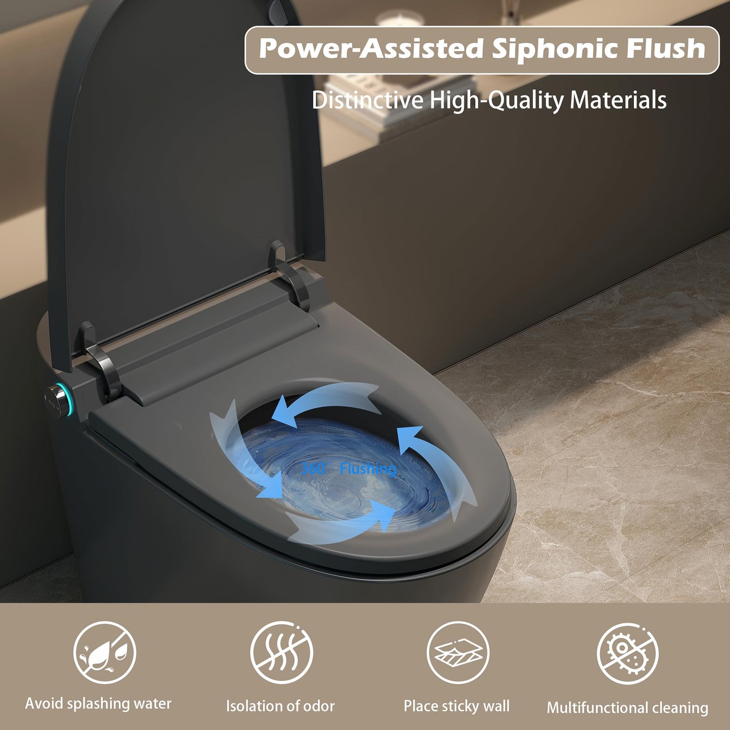 WinZo Smart Toilet with Bidet Built in, ADA One-Piece Toilet Auto Open/Close & Flush, Heated Seat, Front & Rear Wash, LED Display, Night Light, 12-inch Rough-in (Matte Grey)
