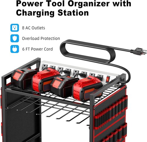 JUNNUJ Power Tool Organizer Cart - Heavy-Duty Rolling Storage with Charging Station & 8 Outlet Power Strip - Red