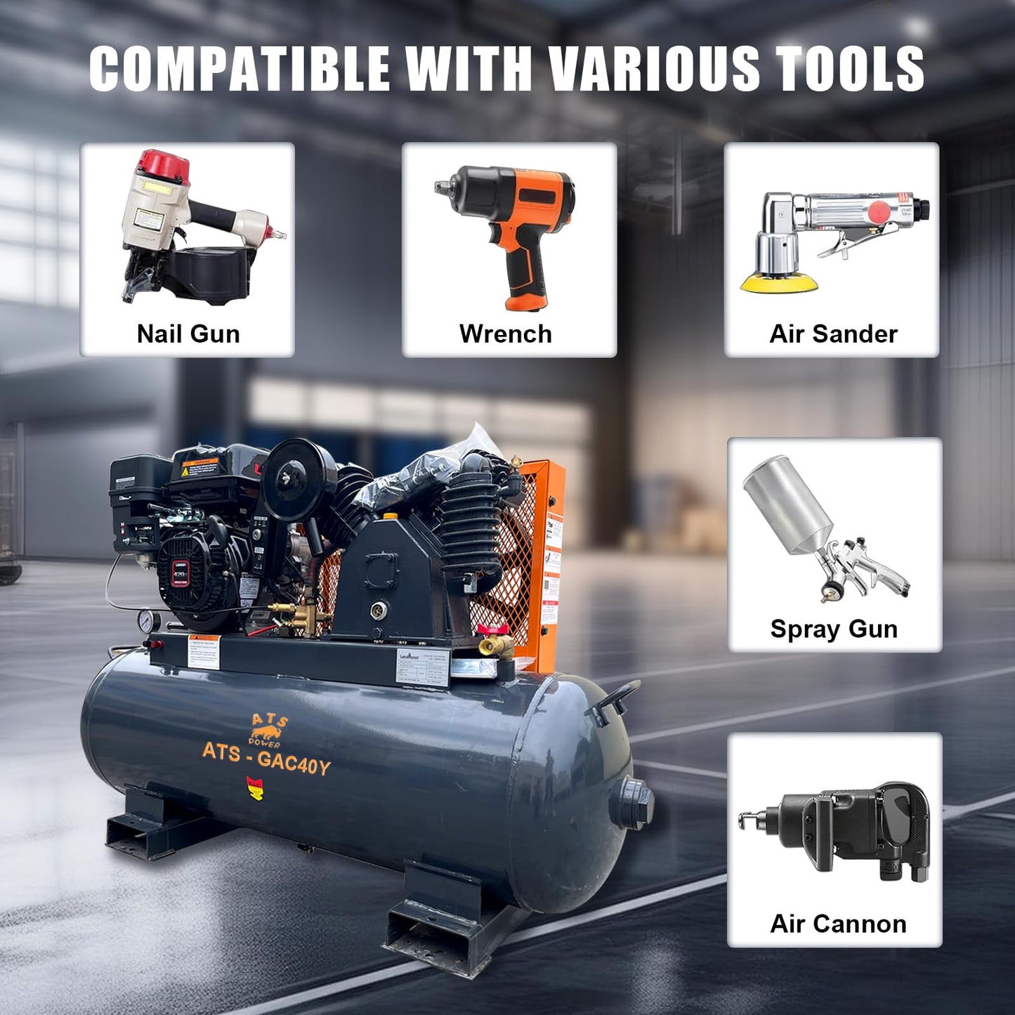 40 Gallon Air Compressor - 15HP 420cc Gasoline Engine, 175 psi Max Pressure, 24 CFM, 2 Stage Compression For Sandblasting, Impact Wrenches, Spray Guns