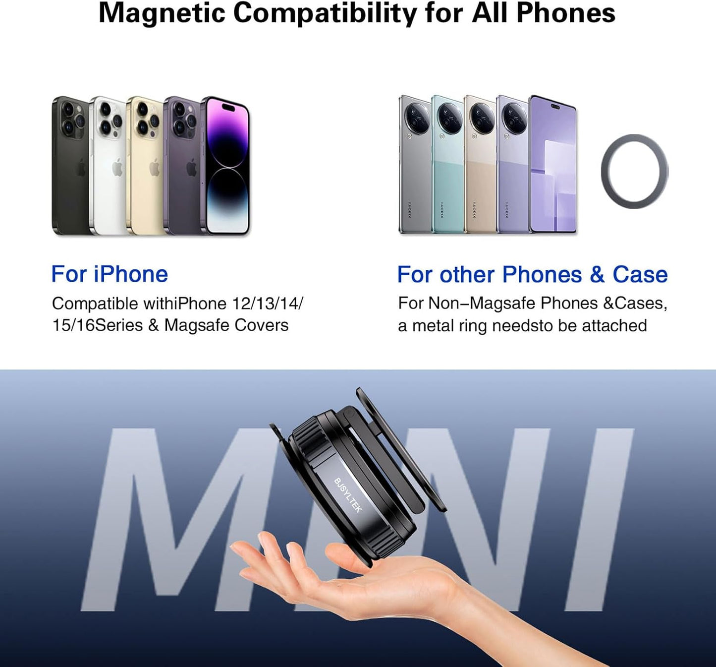 BJSYLTEK 16/15 S24 360 Magnetic Car Phone Mount for iPhone Pro Max/Samsung - Ultra-Strong Vacuum Suction, No Residue
