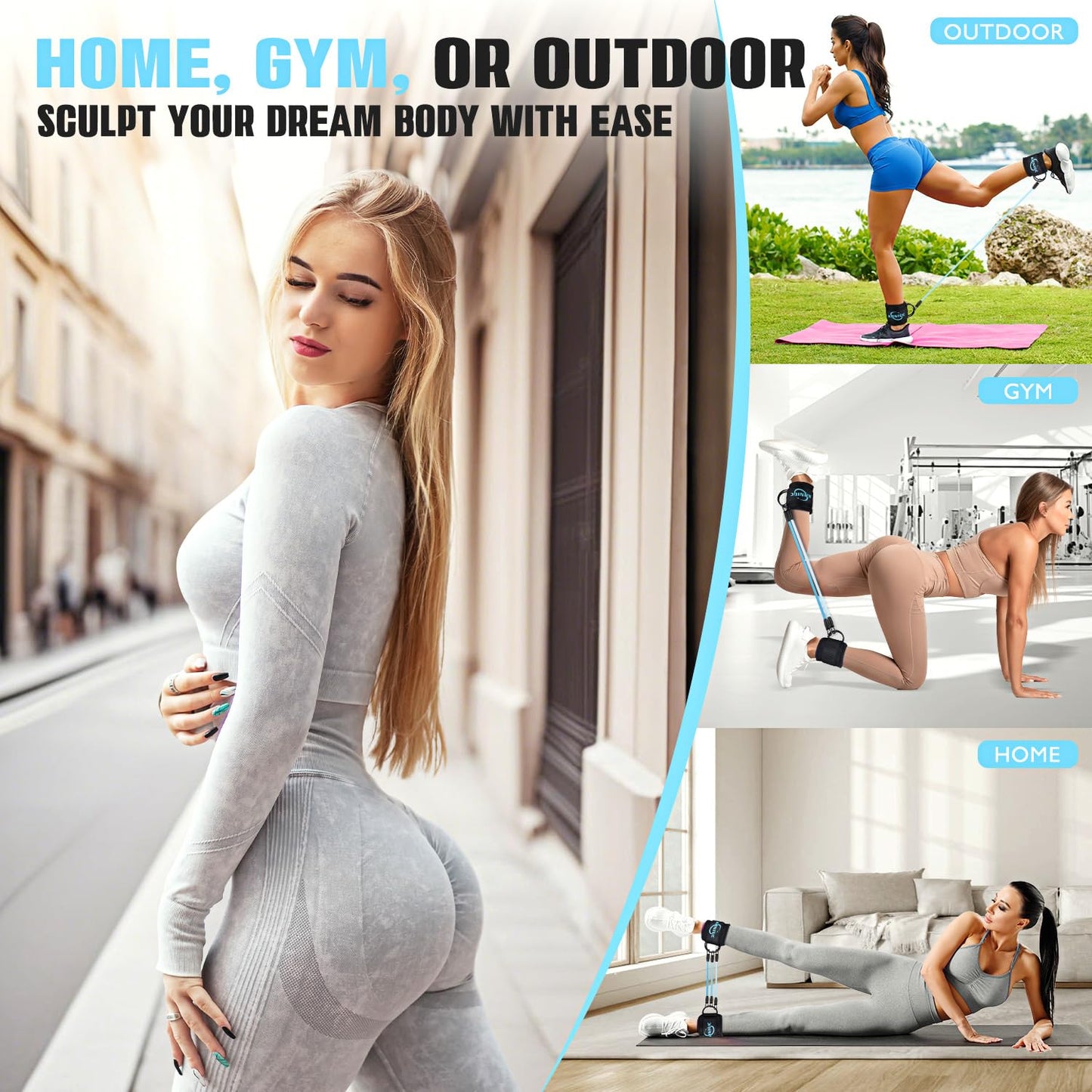 KRNIUC Ankle Resistance Bands, Home Gym Workout Equipment for Women Booty Workouts, Kickbacks, Hip, Leg and Glute Fitness, Includes Exercise Guide, Travel Pouch, Perfect for Home, Gym or Travel