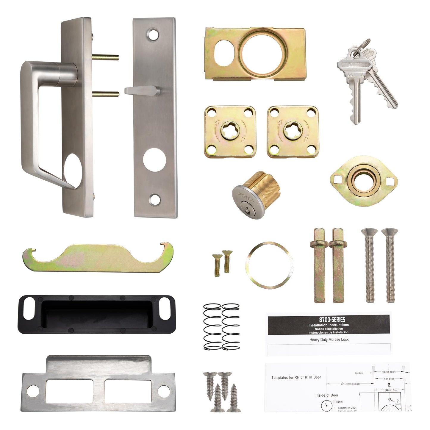 SOPHIA Commercial/Residential Heavy Duty Mortise Lockset Door Lever Lock Non-Handed Grade 1 - Escutcheon Plate Keyed Lever Lockset, ADA, US32D Satin Chrome Finish for Entrance Front Door