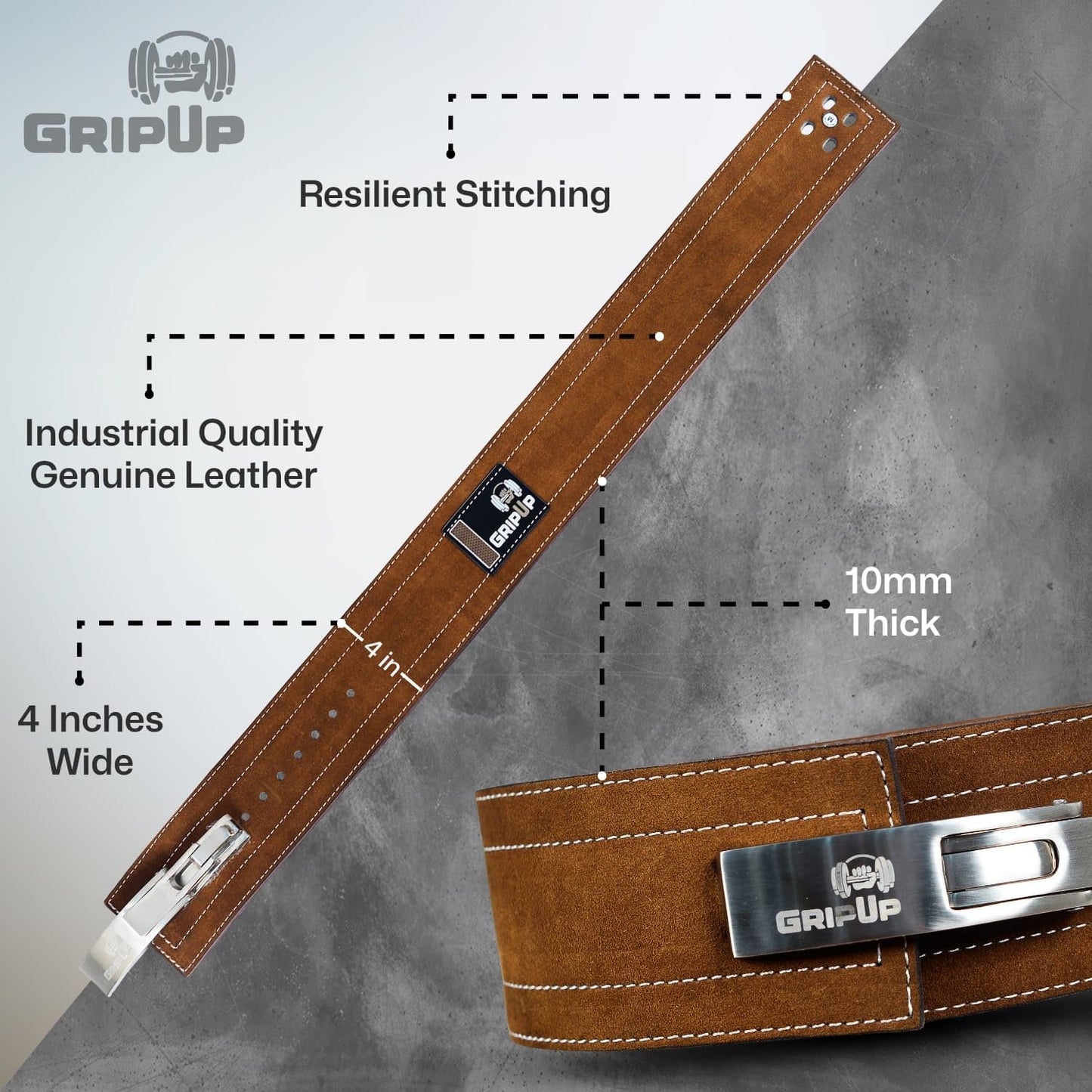GripUp Powerlifting Belt for Weightlifting Lever Buckle Leather Gym Belt 10mm Thick 4-Inch Lumbar Back Support for Men & Women Ideal for Bodybuilding Deadlifts and Strength Training GP-005 (Brown/White, M)