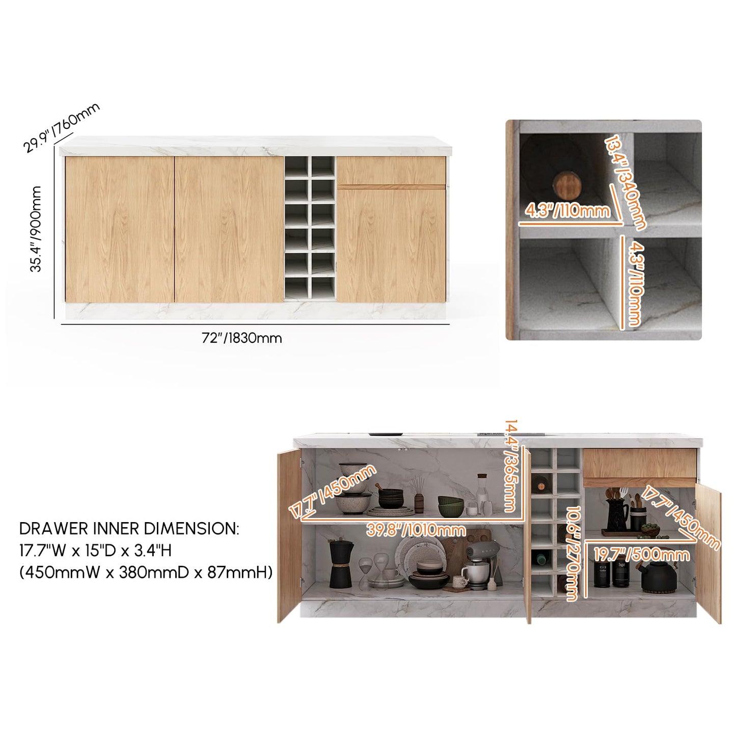homary Kitchen Island with Storage & LED, 72" White Wood Islands with Wine Rack, Drawers & Shelves, Modern Kitchen Table for Dining Room, Prep & Gatherings, Without Chair