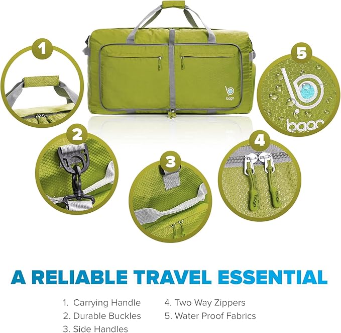 Bago Large Foldable Duffel Bags for Traveling Women & Men - 100L Packable Duffle Bag for Travel with Shoe Compartment - Water Repellant, Heavy Duty, Lightweight Folding & Collapsible (Green)