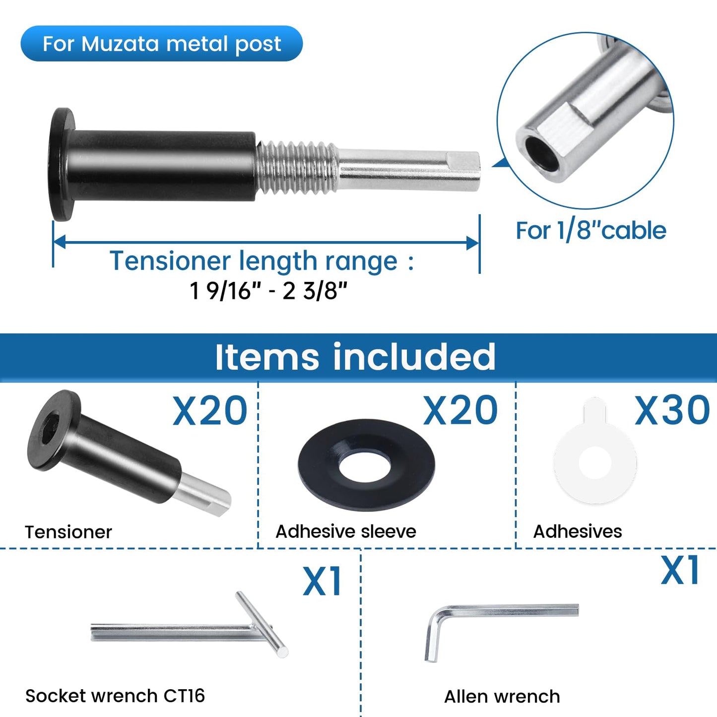 [Patent] Muzata 20 Pack 1/8" Black Invisible Cable Railing Kit Hardware Upgraded Hand Swage Tensioner Hidden for 2"x2" Metal Post T316 Stainless Steel Deck Cable Railing System CB40