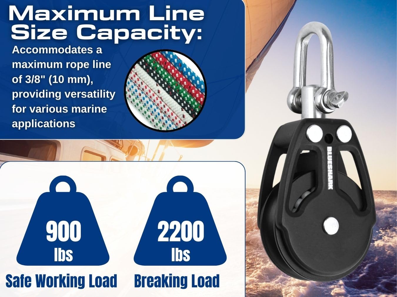 Blue Shark 2250-38mm Single Swivel Block - Max Line: 3/8” (10 mm), Safe Working Load (SWL): 900 lbs, Breaking Load: 2200 lbs (1-Pack)