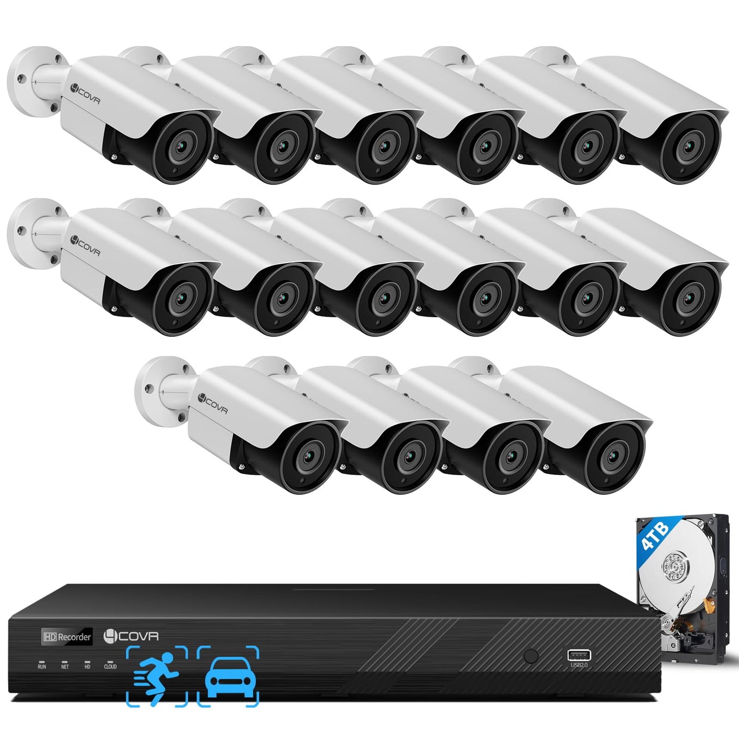 4COVR 16 Channel Security Camera System for Business, 16CH 4K NVR with 4TB HDD, AI Human Vehicle Detection, 16x 5MP Commercial IP67 IP Bullet PoE Camera, Night Vision, 24/7 Recording, LY37EX5M1616