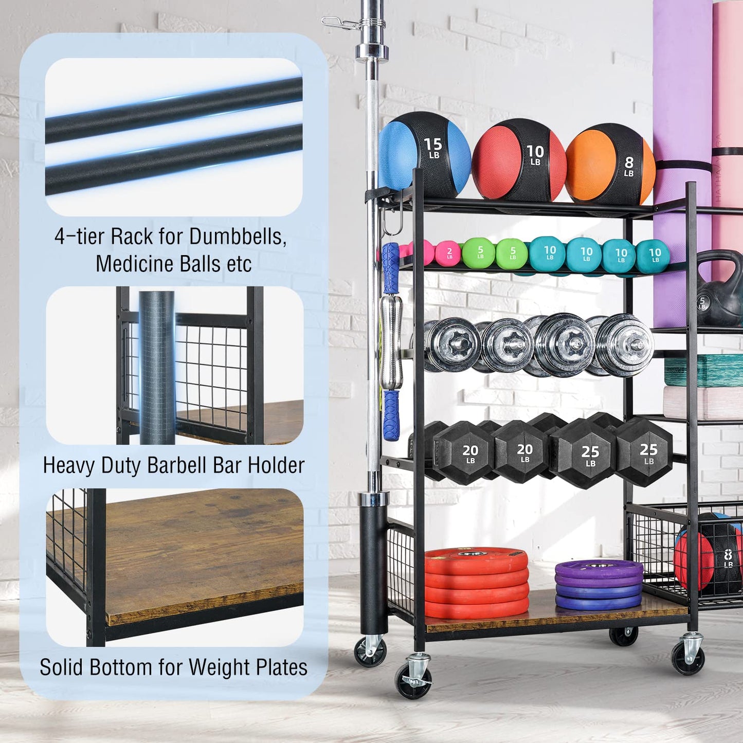 PLKOW Dumbbell Rack - Weight Stand with Barbell Holder, Storage Rack for Dumbbells, Yoga Mats, Medicine Balls, Barbell Storage, Home Gym Organizer with Wheels, Black