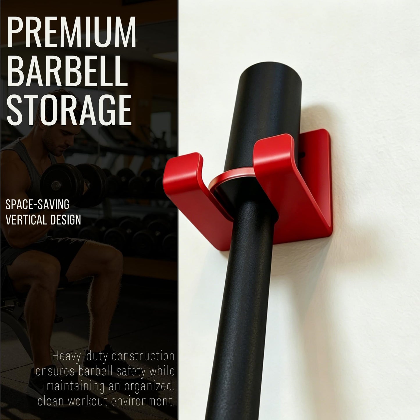 HIFLAME Single Barbell Wall Mounted Holder, 5MM Thick Steel Olympic Barbell Rack, Vertical Hanging Bar Storage, Fits Bar Size Under 33mm, Space Saving for Home Garage Gym Fitness (Red)