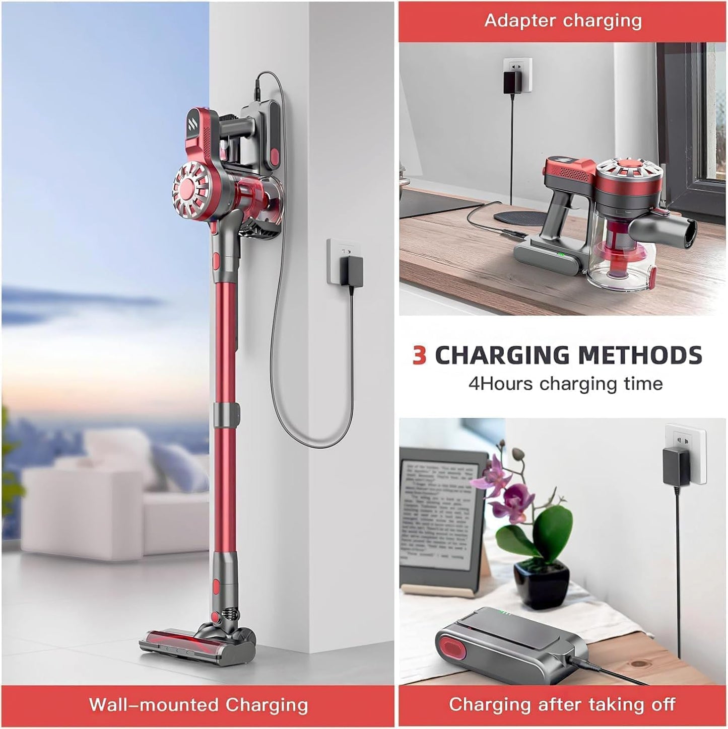WLOTPO Cordless Vacuum Cleaner - Lightweight & Powerful Suction | 35-Minute Runtime for Pet Hair & Hard Floors (Red Grey)