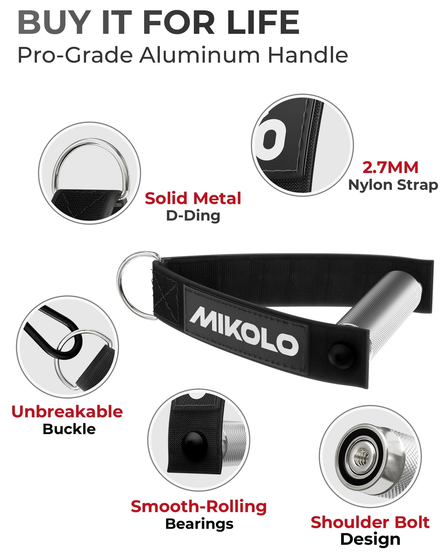Mikolo Aluminum Alloy Cable Machine Handles, Exercise Handles D Handle Cable Attachments for Gym, Durable Cable Machine Attachment for Cable Crossover Training (with Bearing and 15mm Steel Tubing)