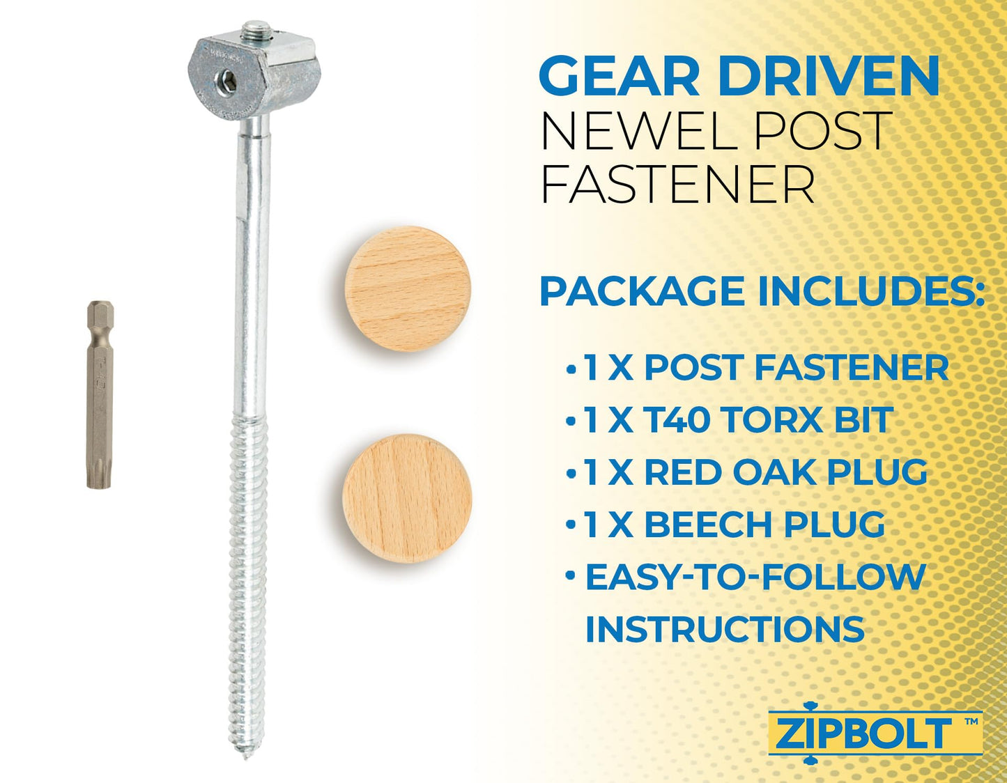 Zipbolt 14.110 Super UT Newel Post Fastener — Quick and Easy Wrench-Free Installation of Staircase Newel Posts, Anchors Post Directly to Wood or Concrete Floor