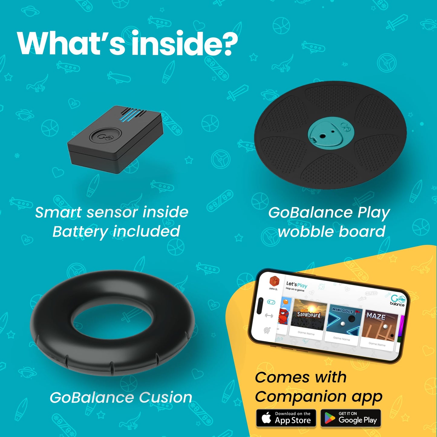 GoBalance Play - Smart Balance Board Game with Bluetooth Motion Sensors, Professional Wobble Board with 12 Interactive Games for Fun, Balance training and Home Gym Workout.